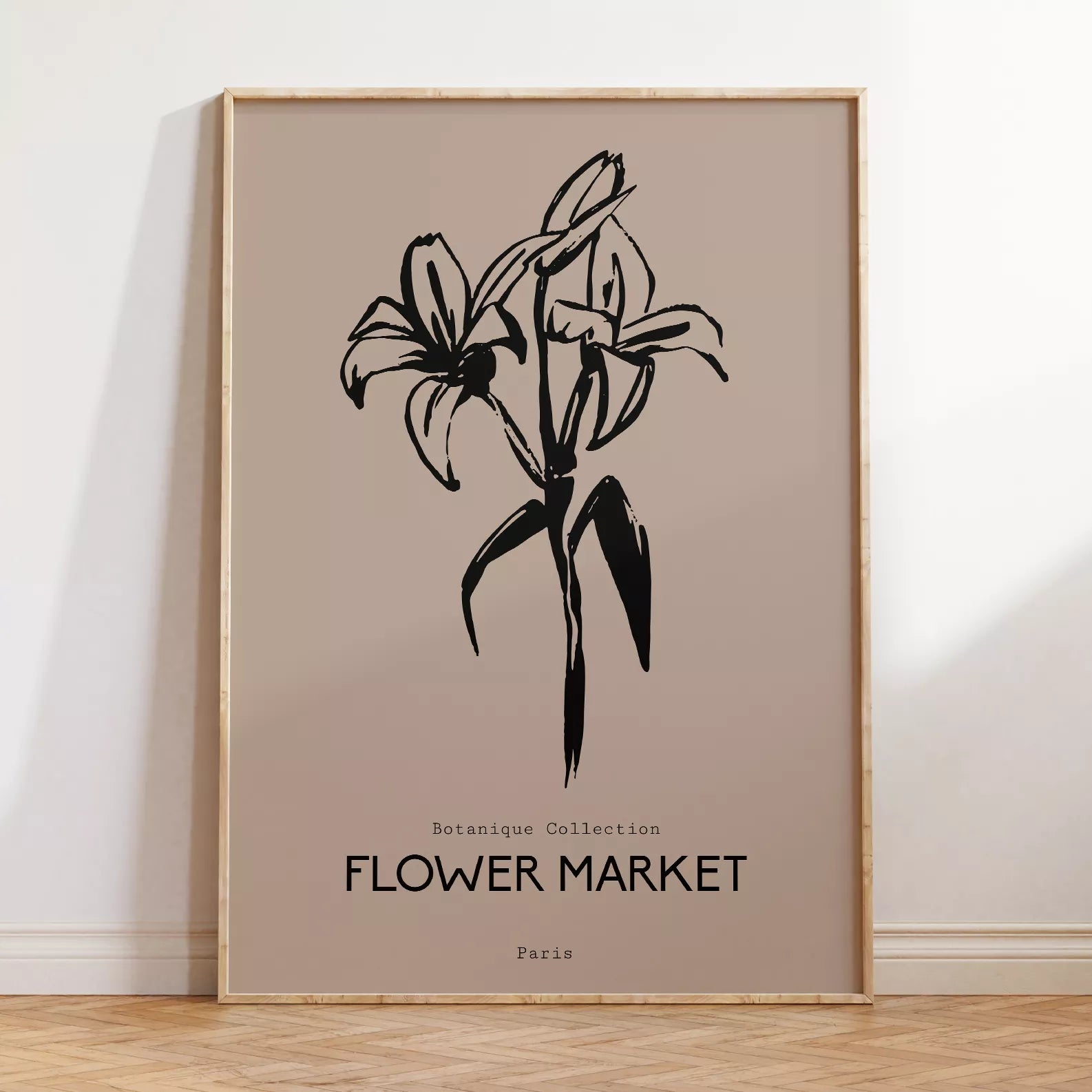 百合ラインアート ベージュボタニカルポスター 北欧ミニマル