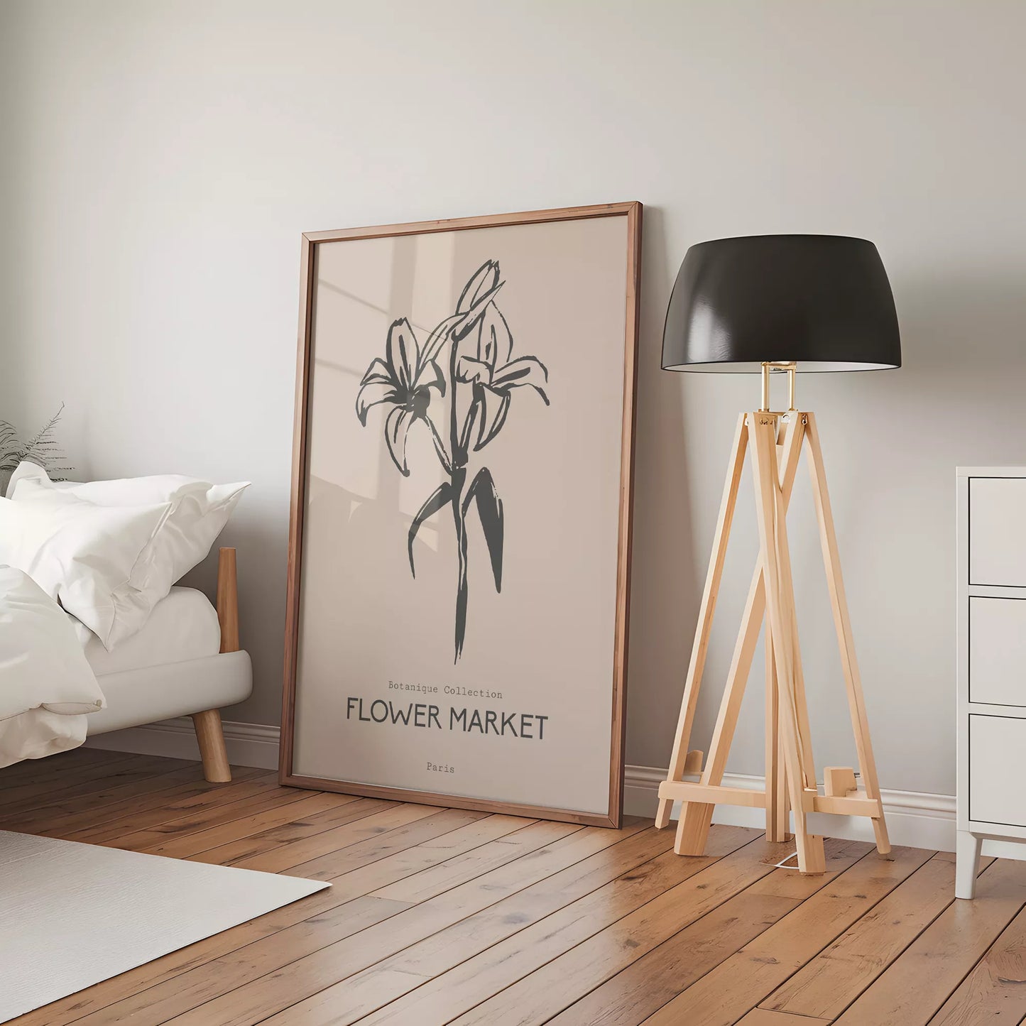 百合ラインアート ベージュボタニカルポスター 北欧ミニマル