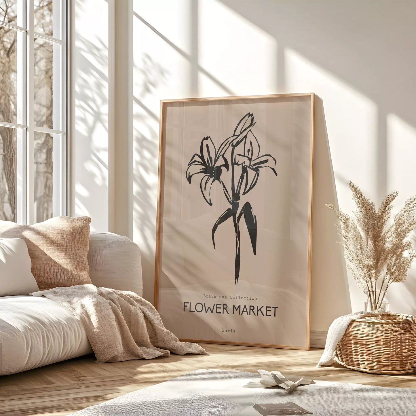 百合ラインアート ベージュボタニカルポスター 北欧ミニマル
