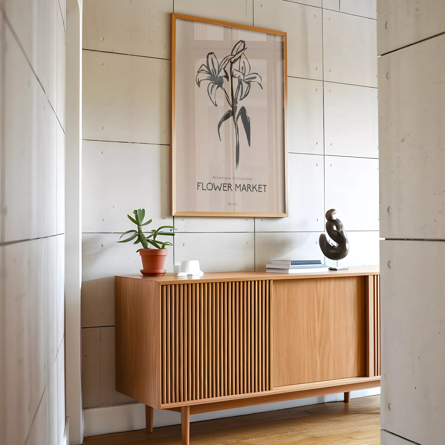 百合ラインアート ベージュボタニカルポスター 北欧ミニマル