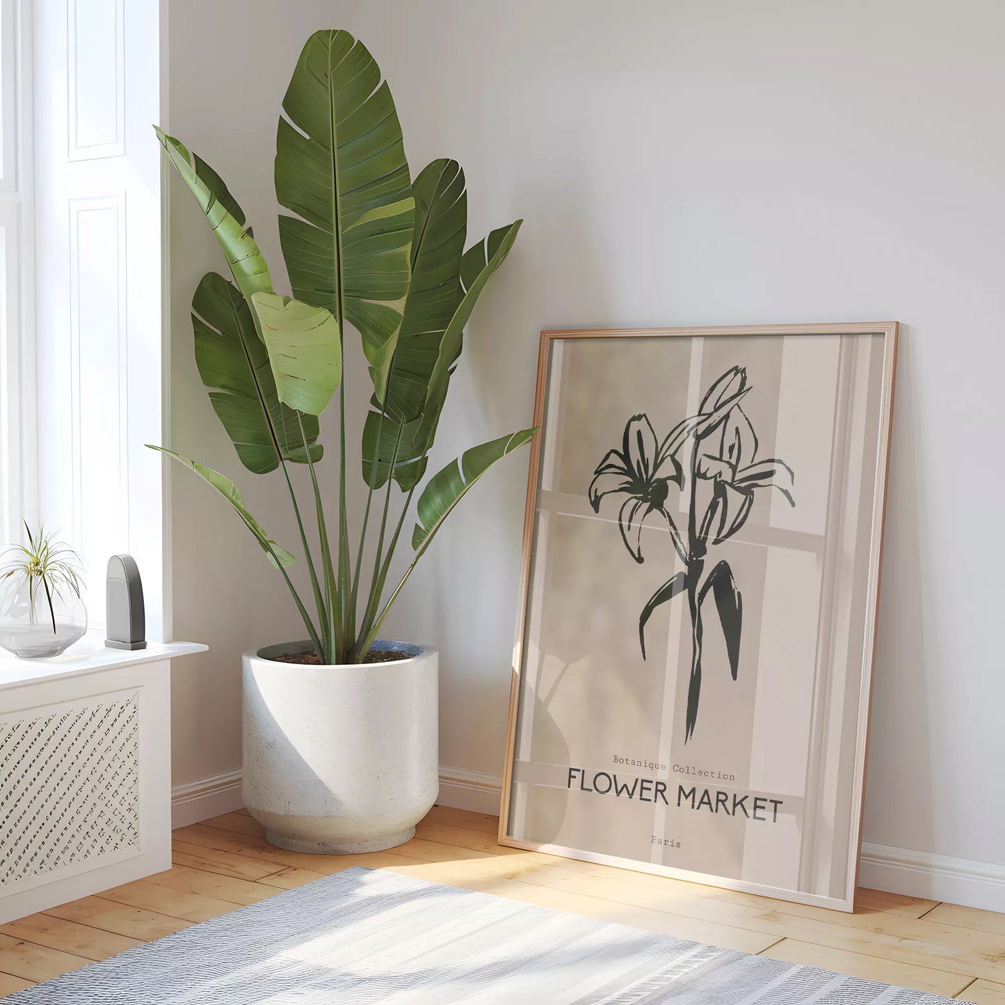 百合ラインアート ベージュボタニカルポスター 北欧ミニマル