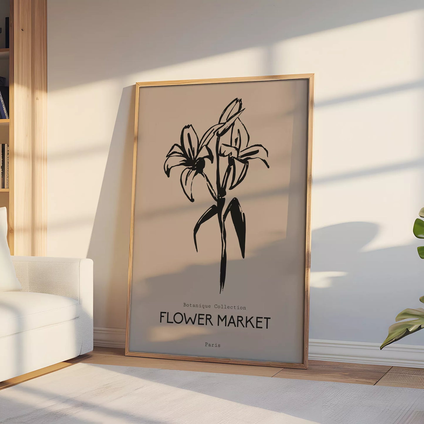 百合ラインアート ベージュボタニカルポスター 北欧ミニマル