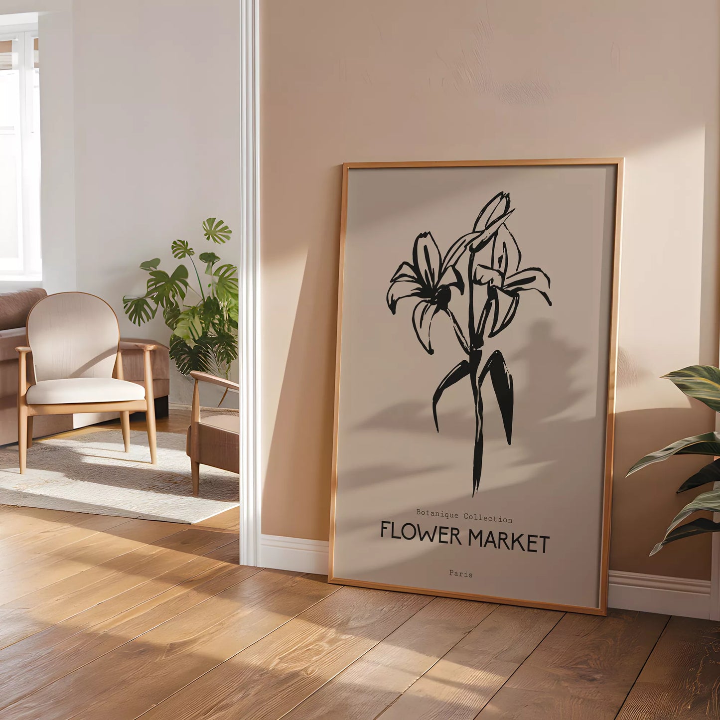 百合ラインアート ベージュボタニカルポスター 北欧ミニマル