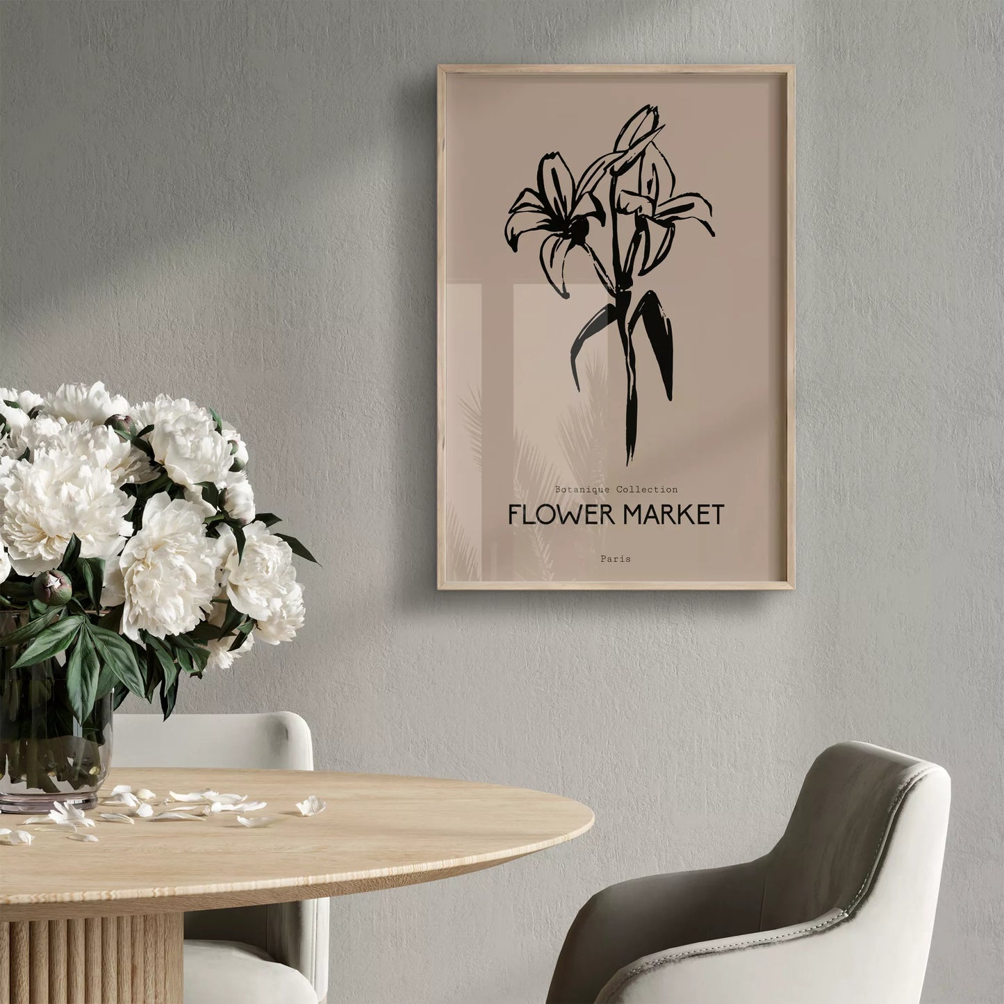 百合ラインアート ベージュボタニカルポスター 北欧ミニマル