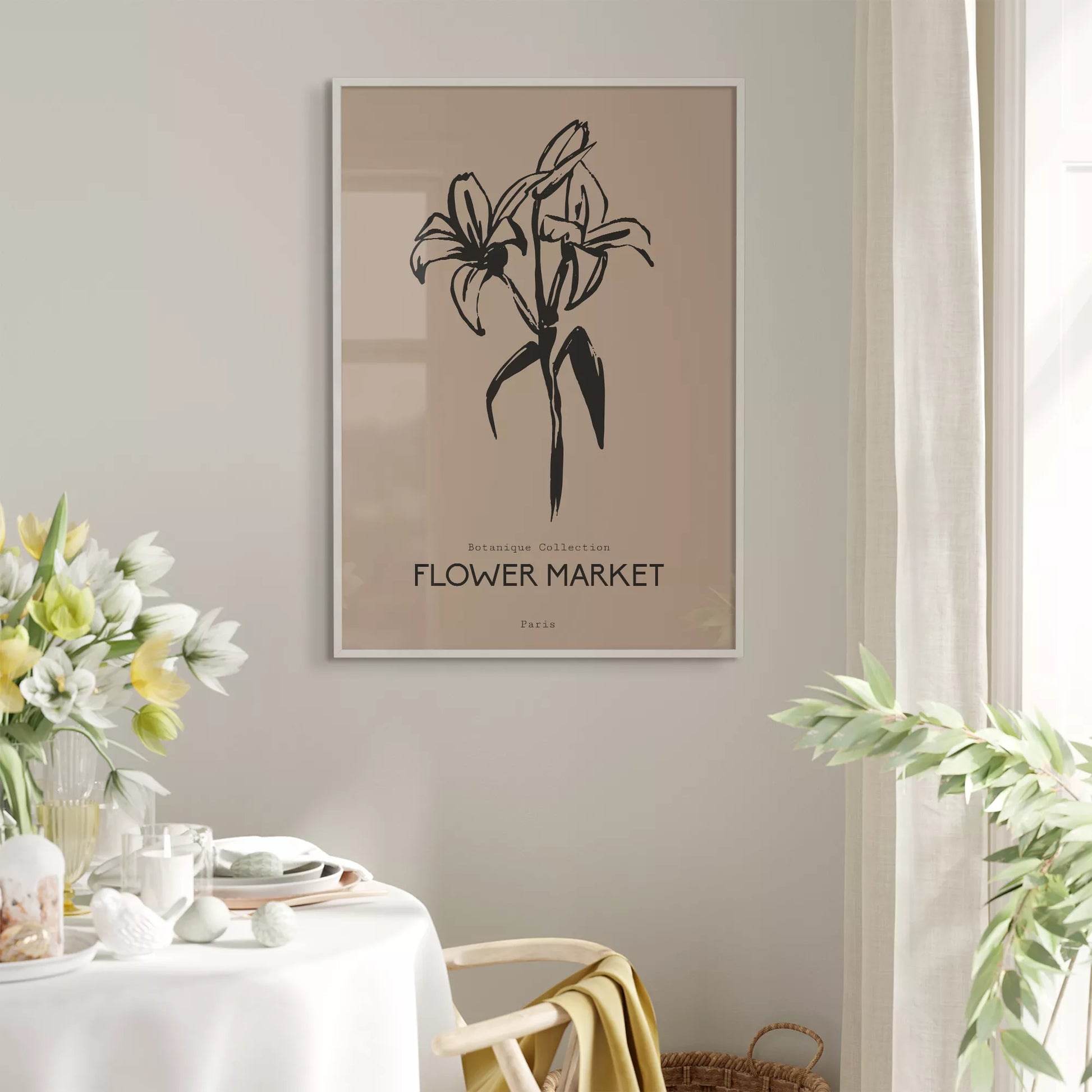 百合ラインアート ベージュボタニカルポスター 北欧ミニマル