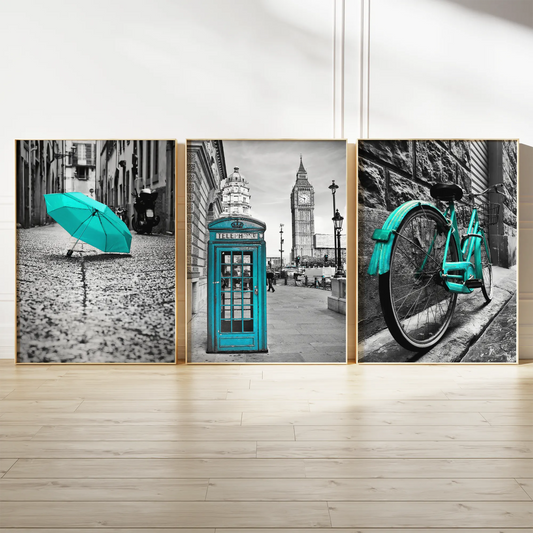 ロンドンのターコイズ傘・電話ボックス・自転車のモノクロアートポスター 3枚セット