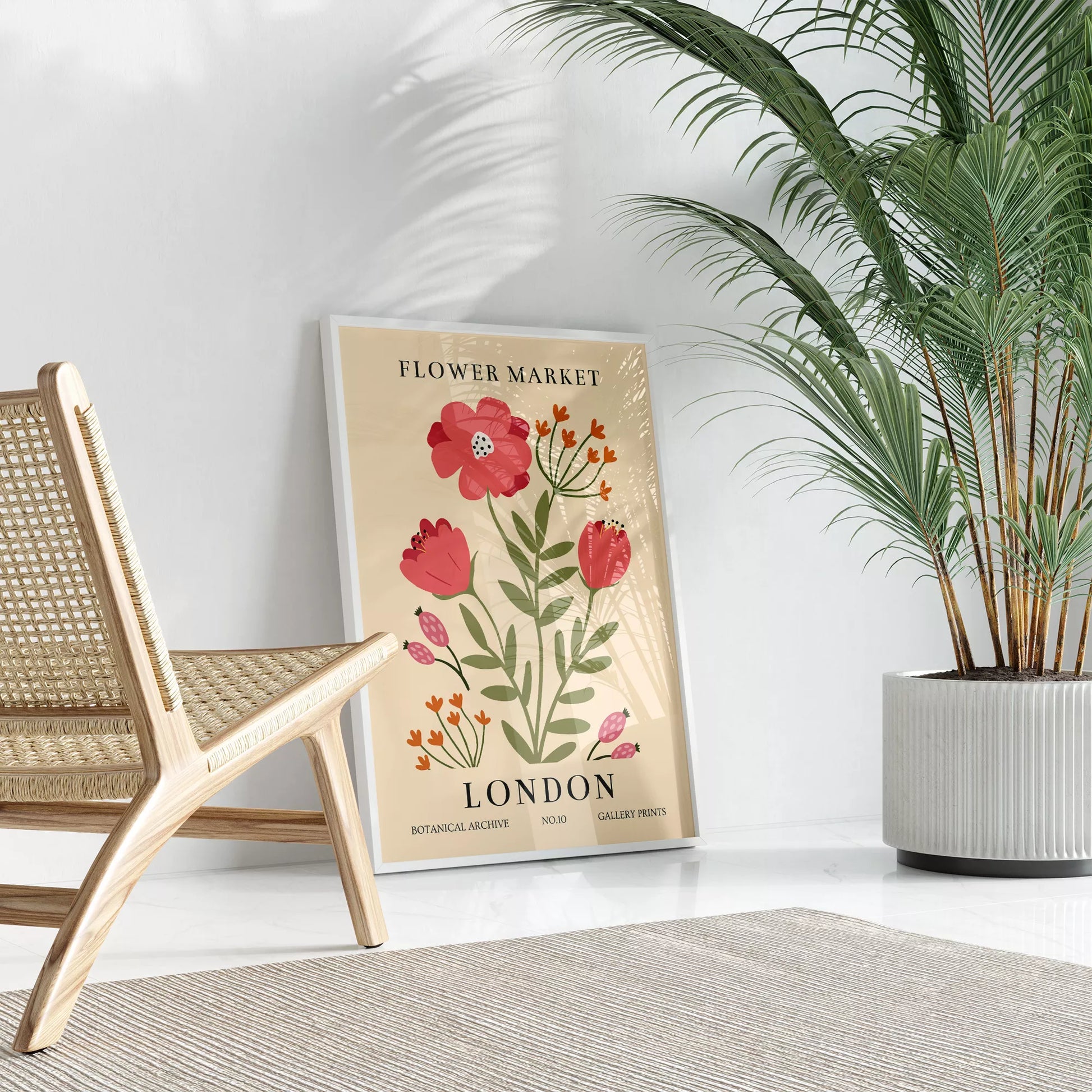 ロンドンフラワーマーケットのボタニカルアートポスター、ピンク色の花とオレンジ色の小花が描かれたレトロなデザイン