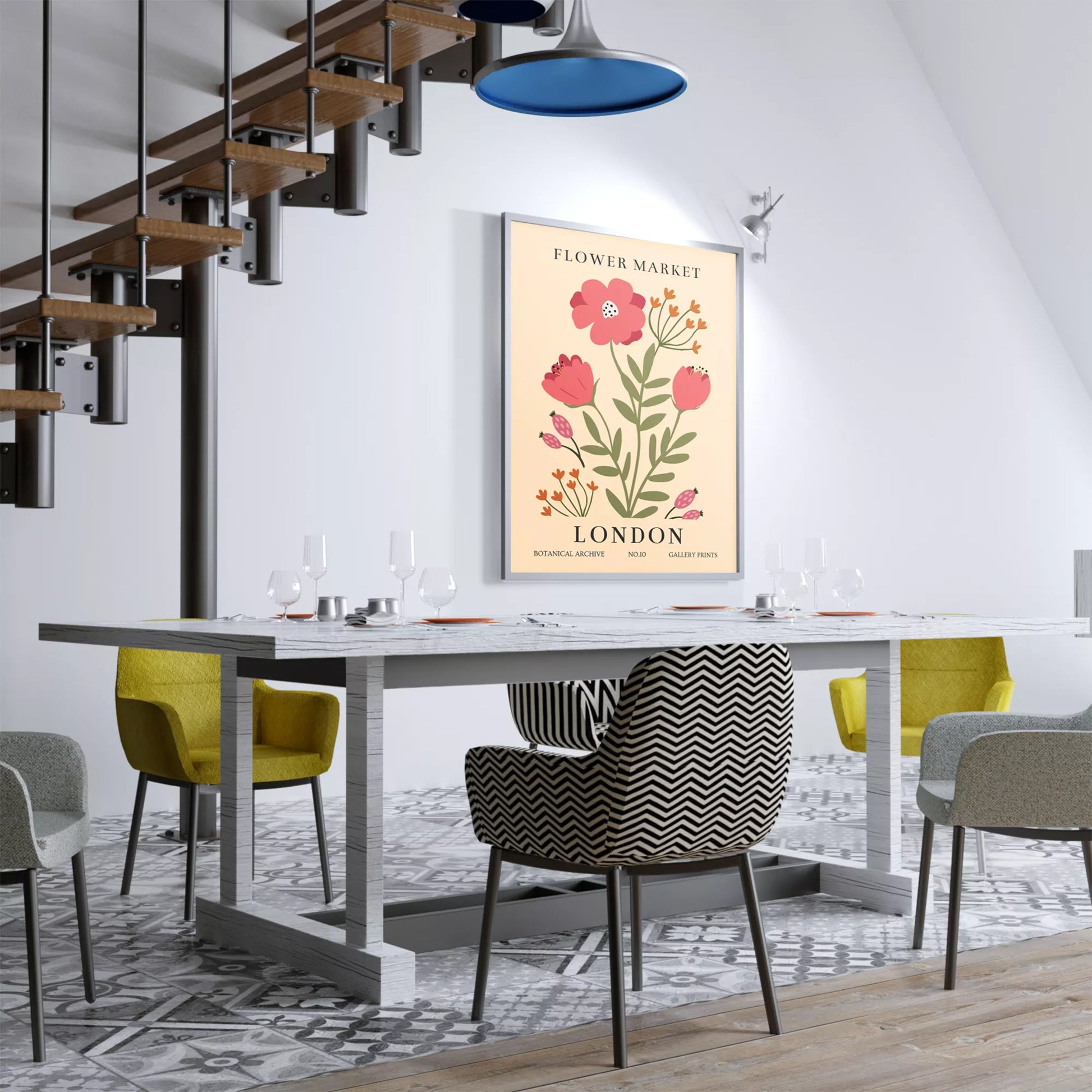 ロンドンフラワーマーケットのボタニカルアートポスター、ピンク色の花とオレンジ色の小花が描かれたレトロなデザイン