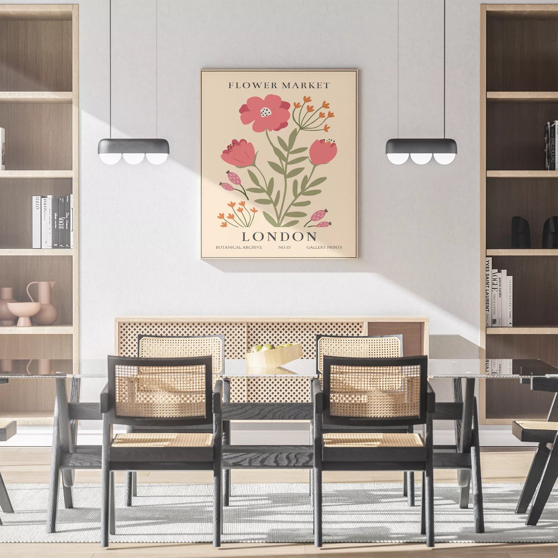 ロンドンフラワーマーケットのボタニカルアートポスター、ピンク色の花とオレンジ色の小花が描かれたレトロなデザイン