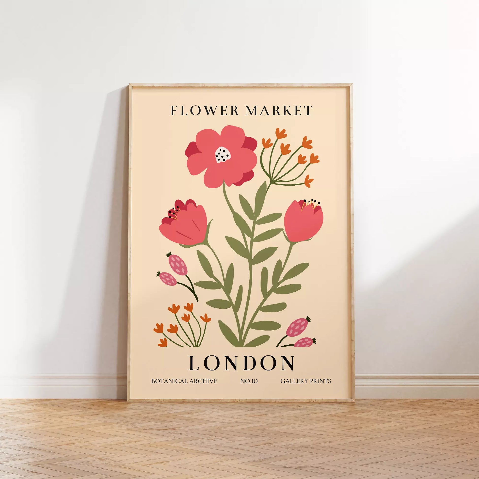ロンドンフラワーマーケットのボタニカルアートポスター、ピンク色の花とオレンジ色の小花が描かれたレトロなデザイン