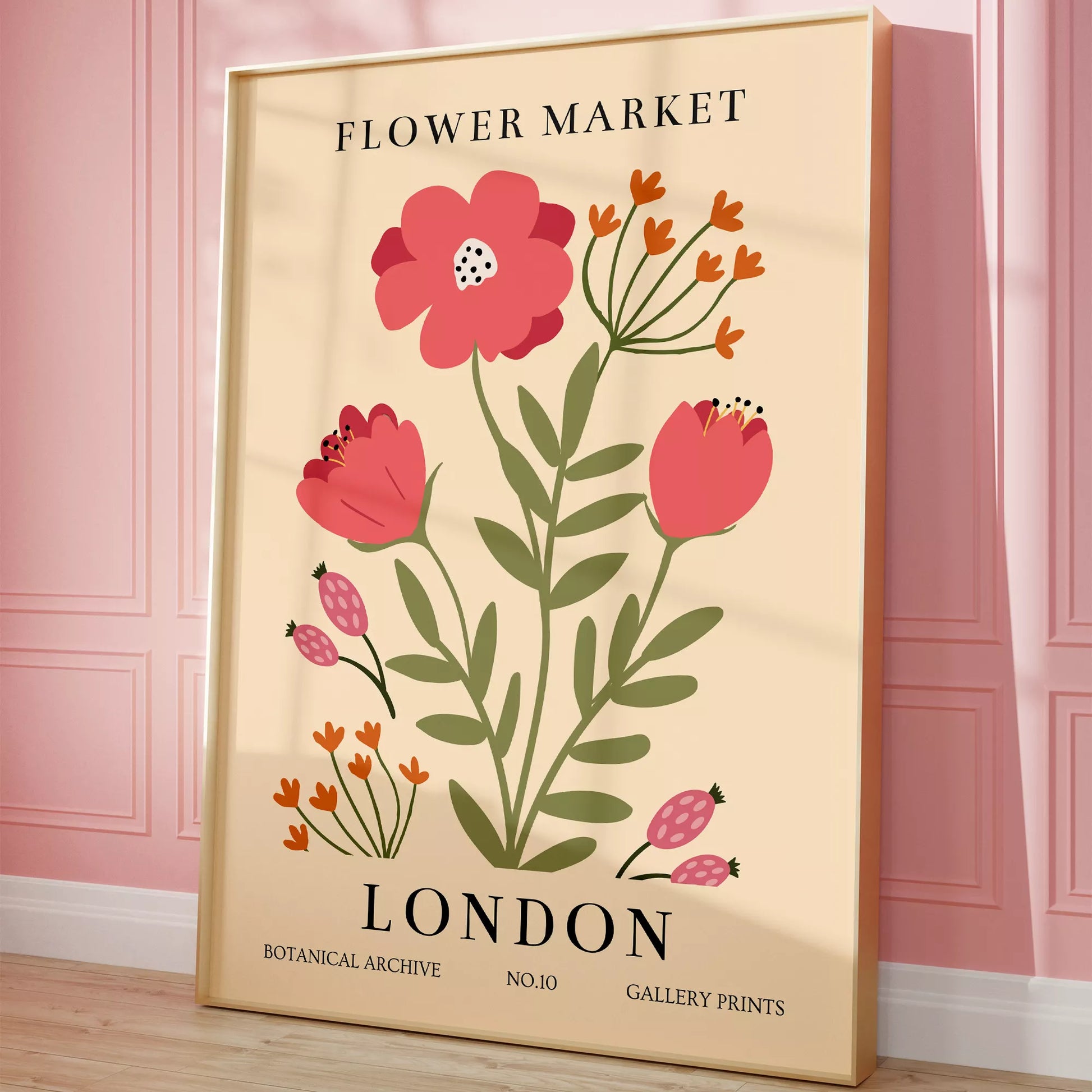 ロンドンフラワーマーケットのボタニカルアートポスター、ピンク色の花とオレンジ色の小花が描かれたレトロなデザイン
