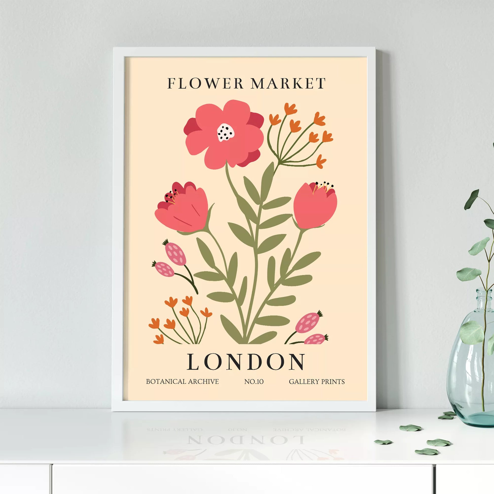 ロンドンフラワーマーケットのボタニカルアートポスター、ピンク色の花とオレンジ色の小花が描かれたレトロなデザイン