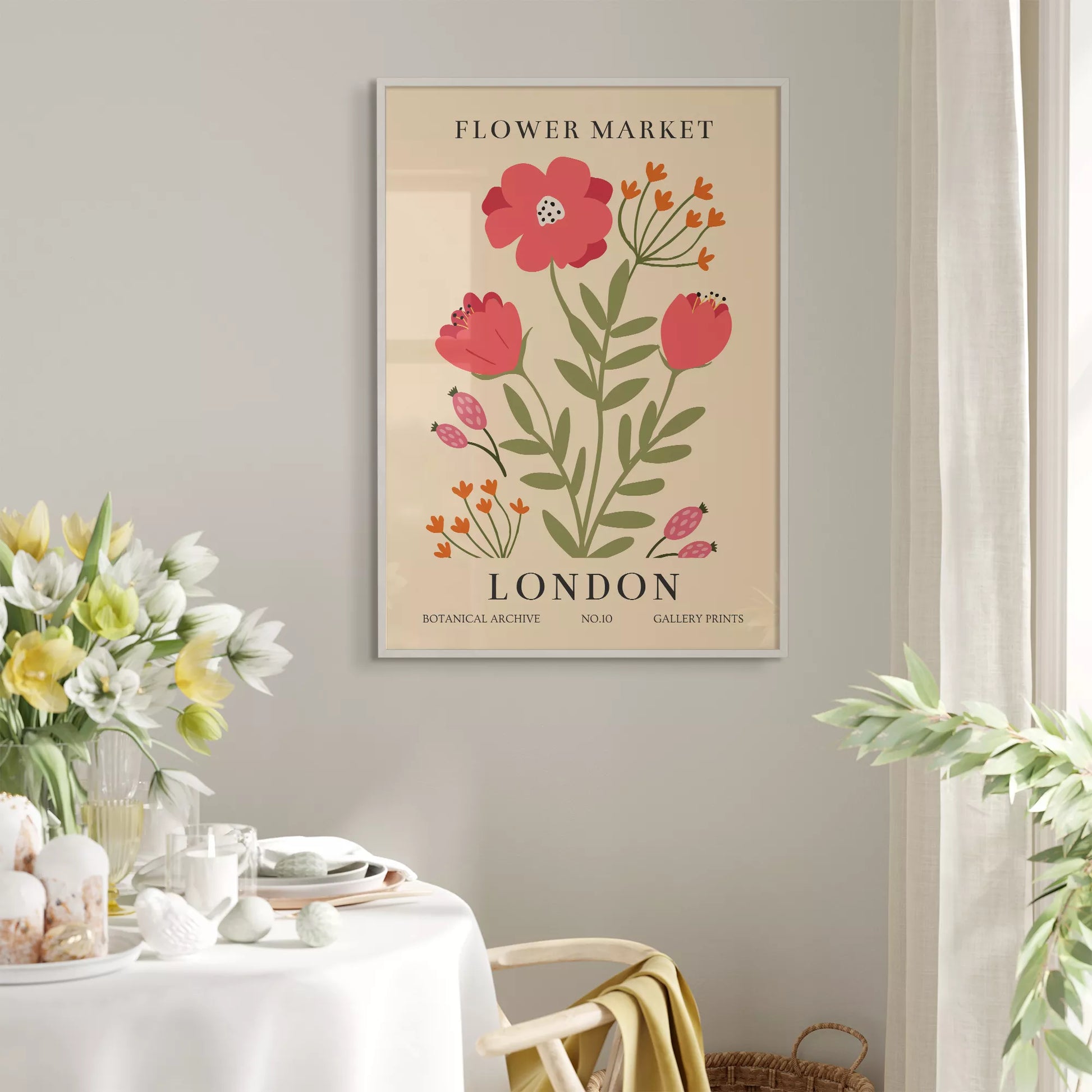 ロンドンフラワーマーケットのボタニカルアートポスター、ピンク色の花とオレンジ色の小花が描かれたレトロなデザイン