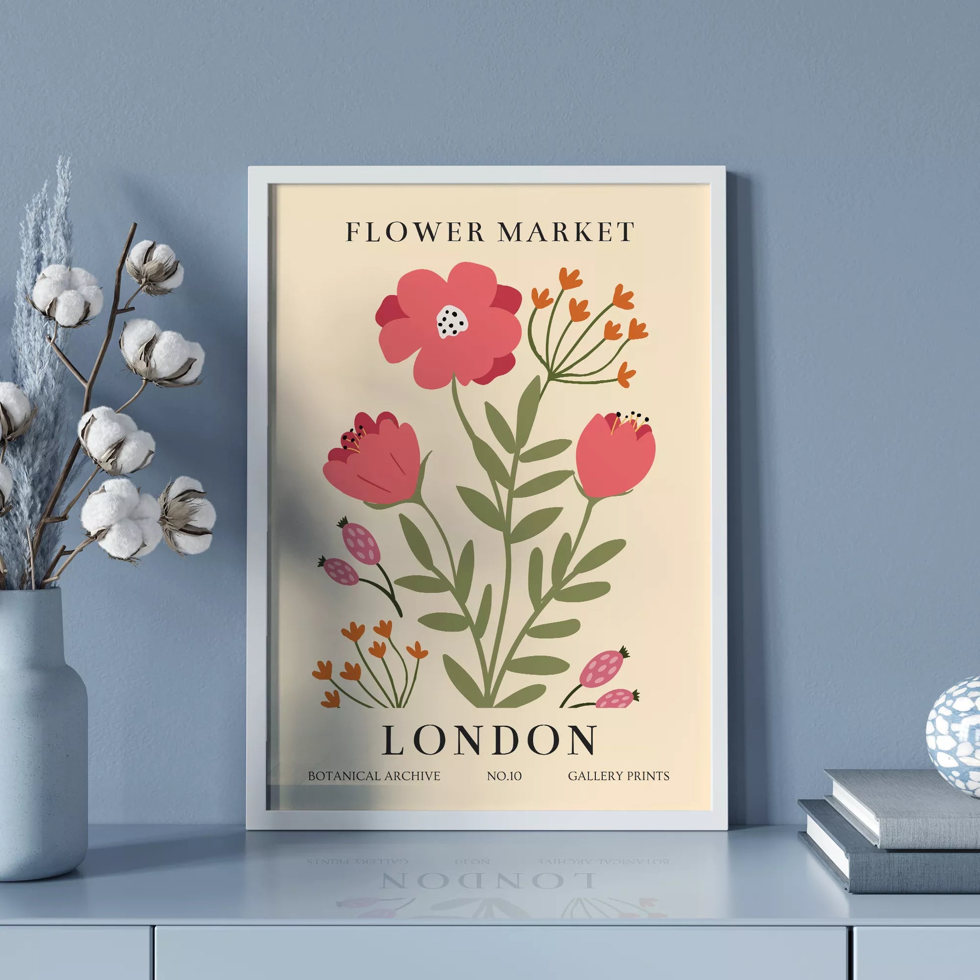 ロンドンフラワーマーケットのボタニカルアートポスター、ピンク色の花とオレンジ色の小花が描かれたレトロなデザイン