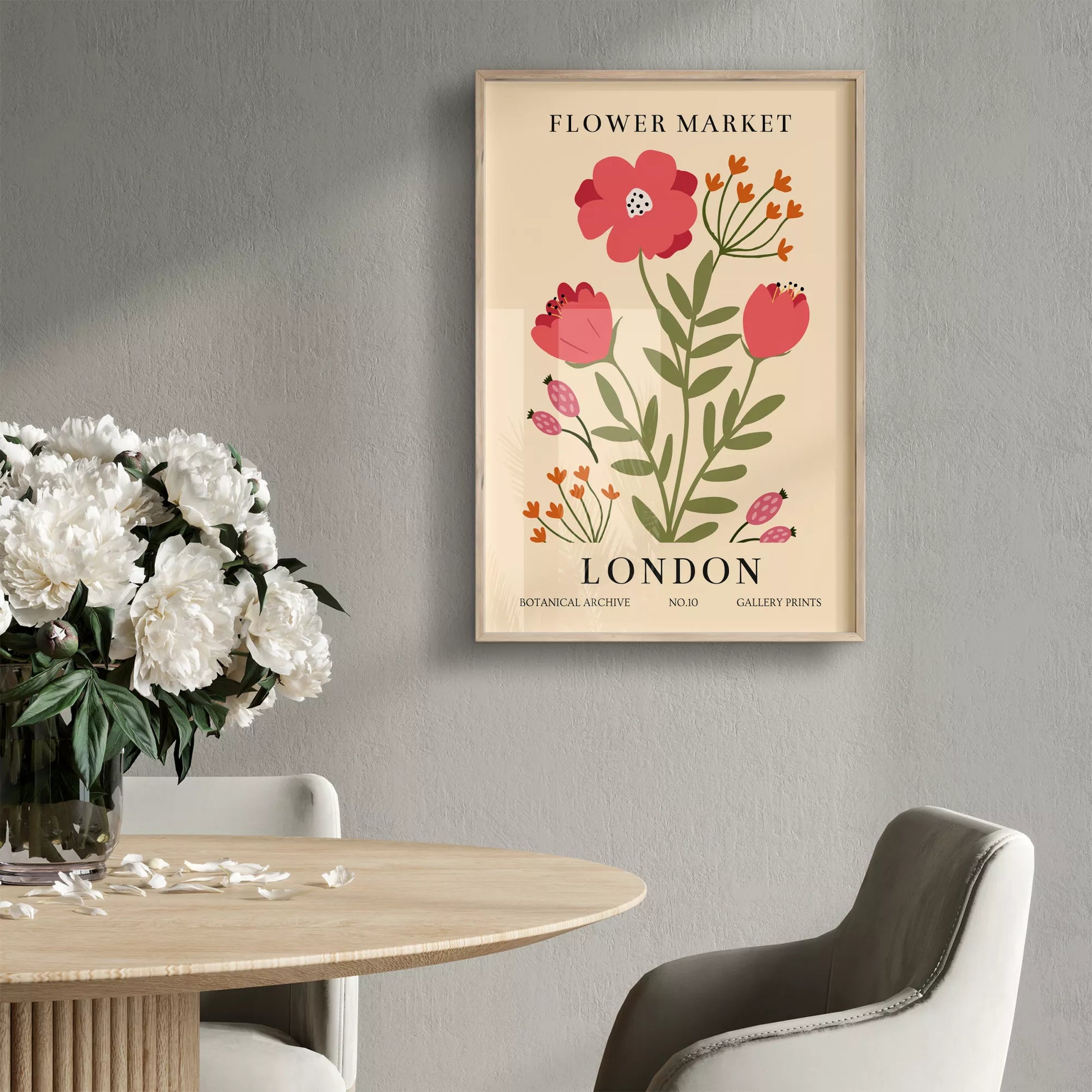 ロンドンフラワーマーケットのボタニカルアートポスター、ピンク色の花とオレンジ色の小花が描かれたレトロなデザイン