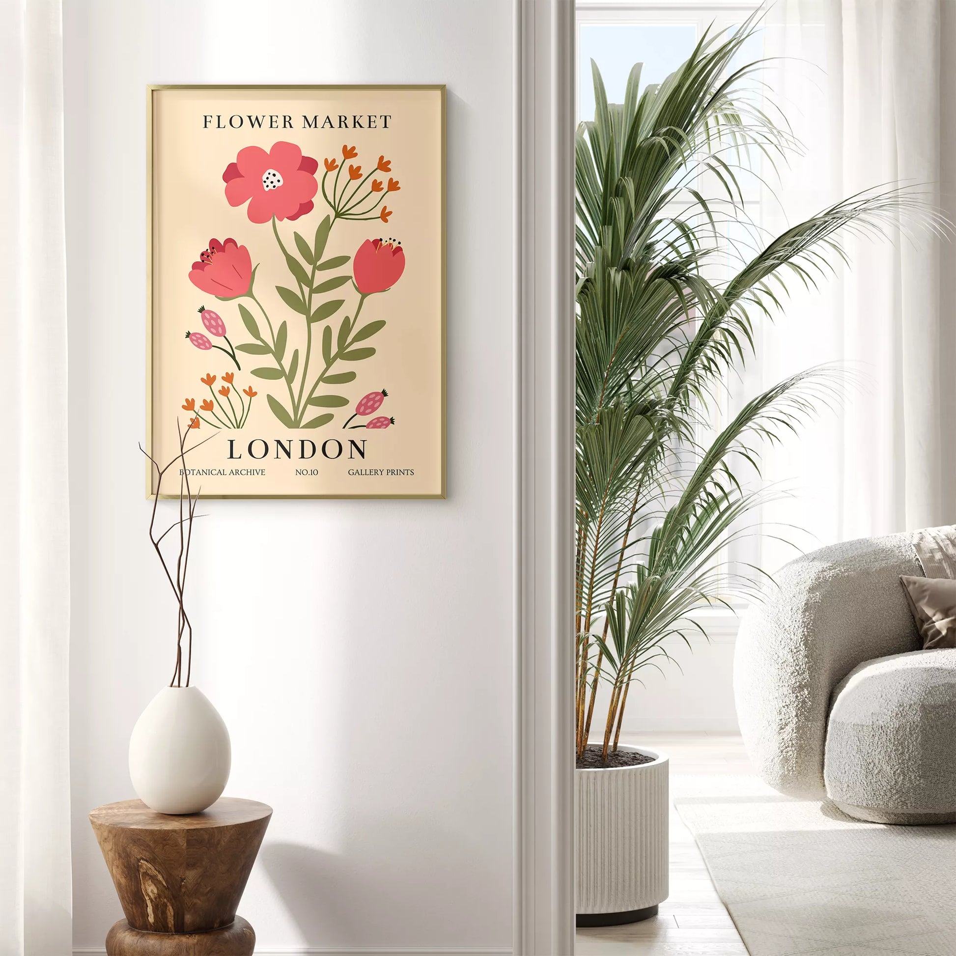 ロンドンフラワーマーケットのボタニカルアートポスター、ピンク色の花とオレンジ色の小花が描かれたレトロなデザイン