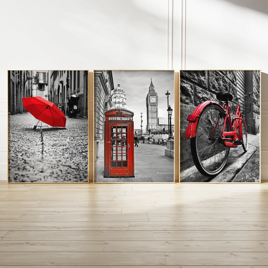 ロンドンの赤い傘と電話ボックスと自転車のモノクロアートポスター 3枚セット