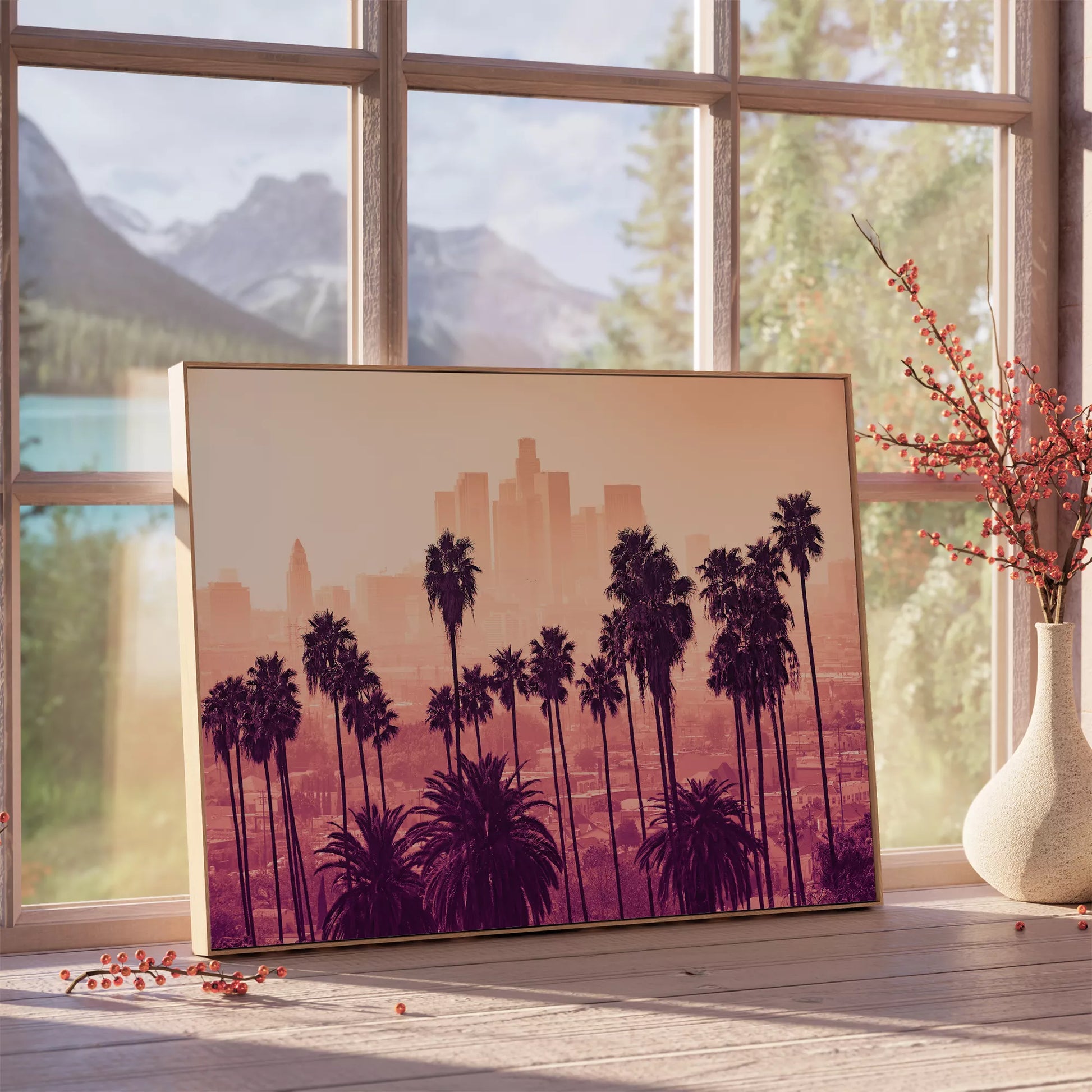 ロサンゼルスのダウンタウンとパームツリーのシルエット夕暮れ風景