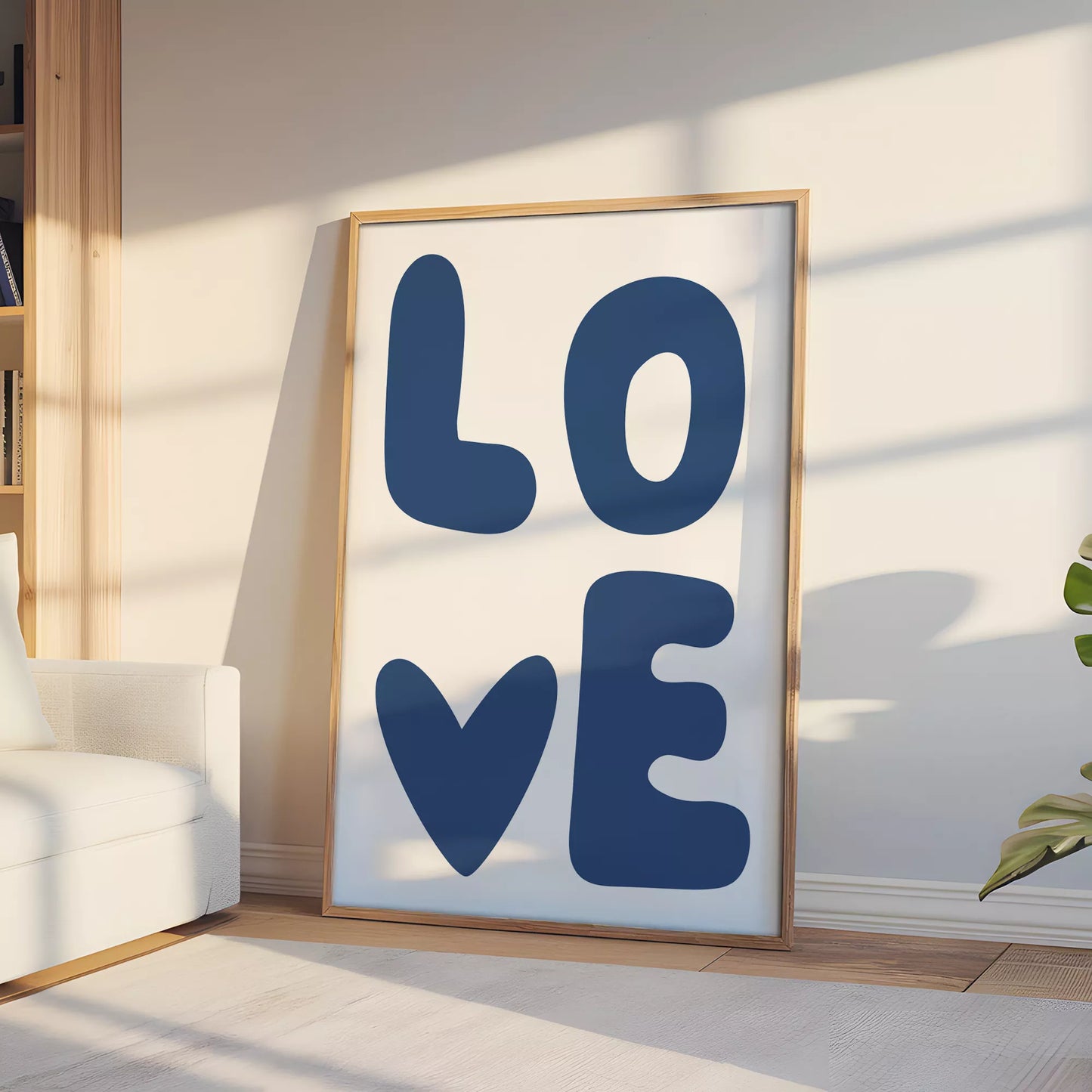 LOVEの青いタイポグラフィデザインが特徴のモダンアートポスター、壁掛け用インテリアに最適