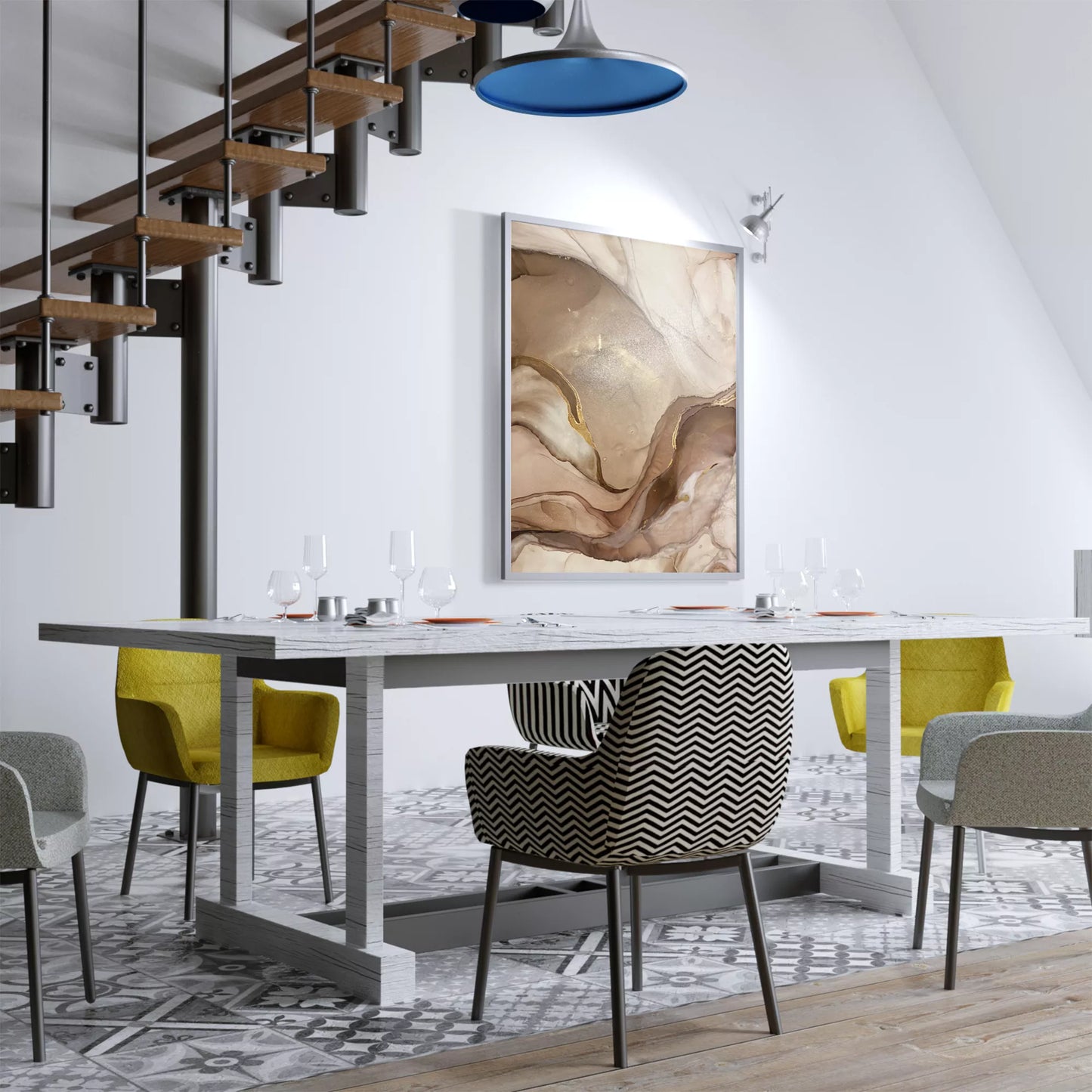 ベージュと金箔の大理石風アート、流動的な曲線が織りなす抽象画