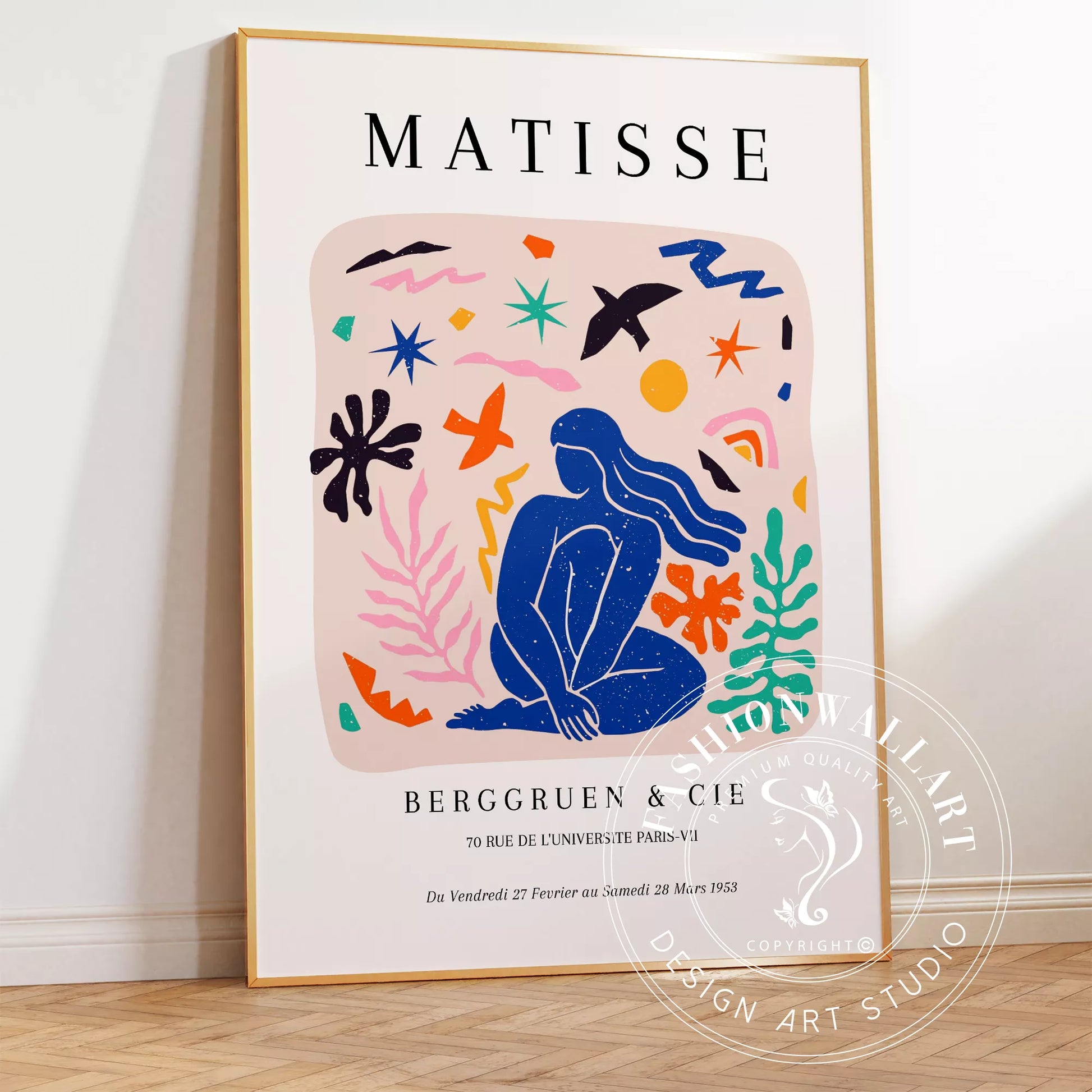 マティス展ポスター、青い人物像と抽象的なモチーフのコラージュ