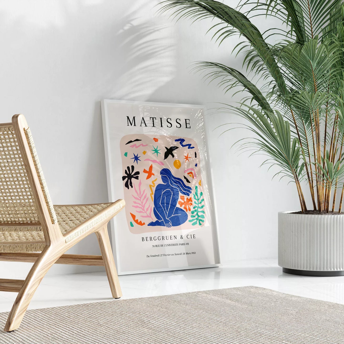 マティス展ポスター、青い人物像と抽象的なモチーフのコラージュ