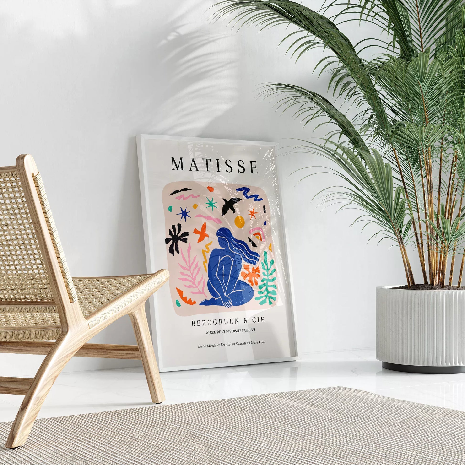 マティス展ポスター、青い人物像と抽象的なモチーフのコラージュ