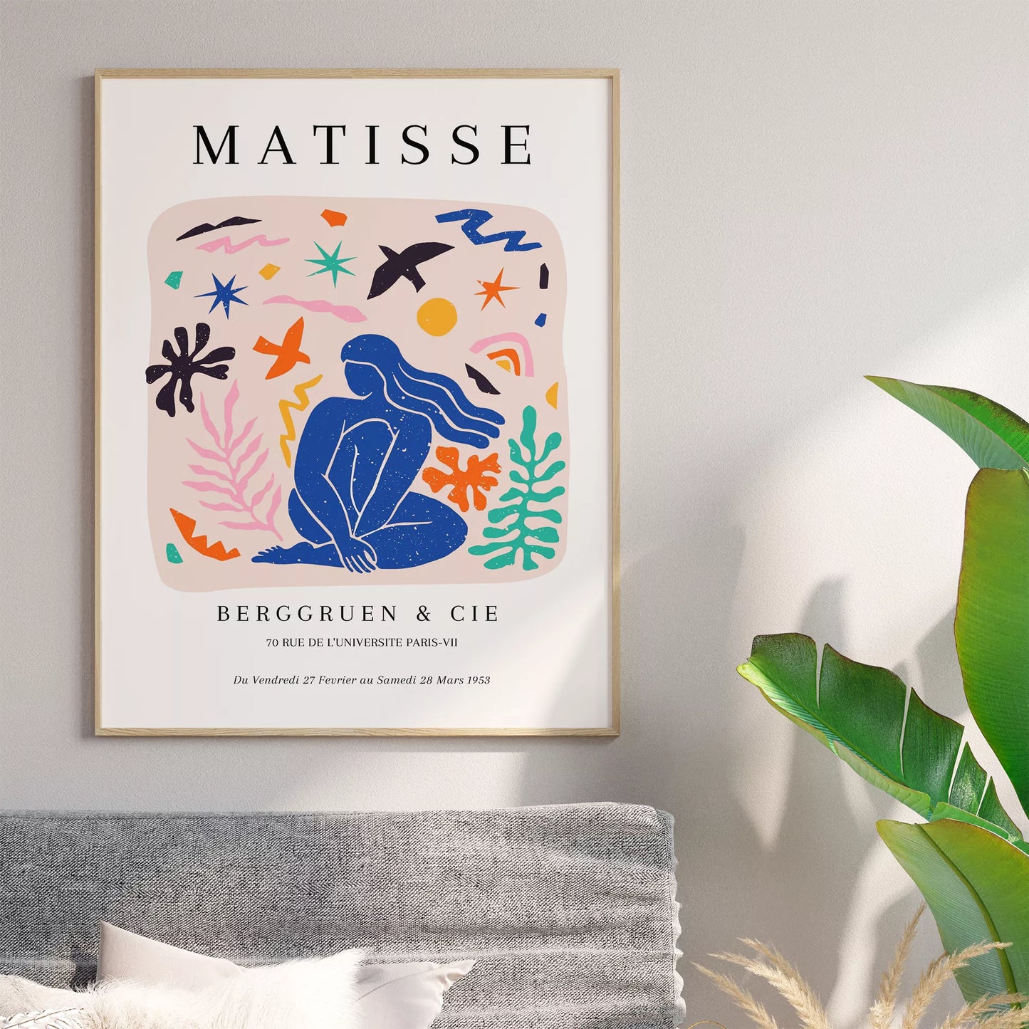 マティス展ポスター、青い人物像と抽象的なモチーフのコラージュ