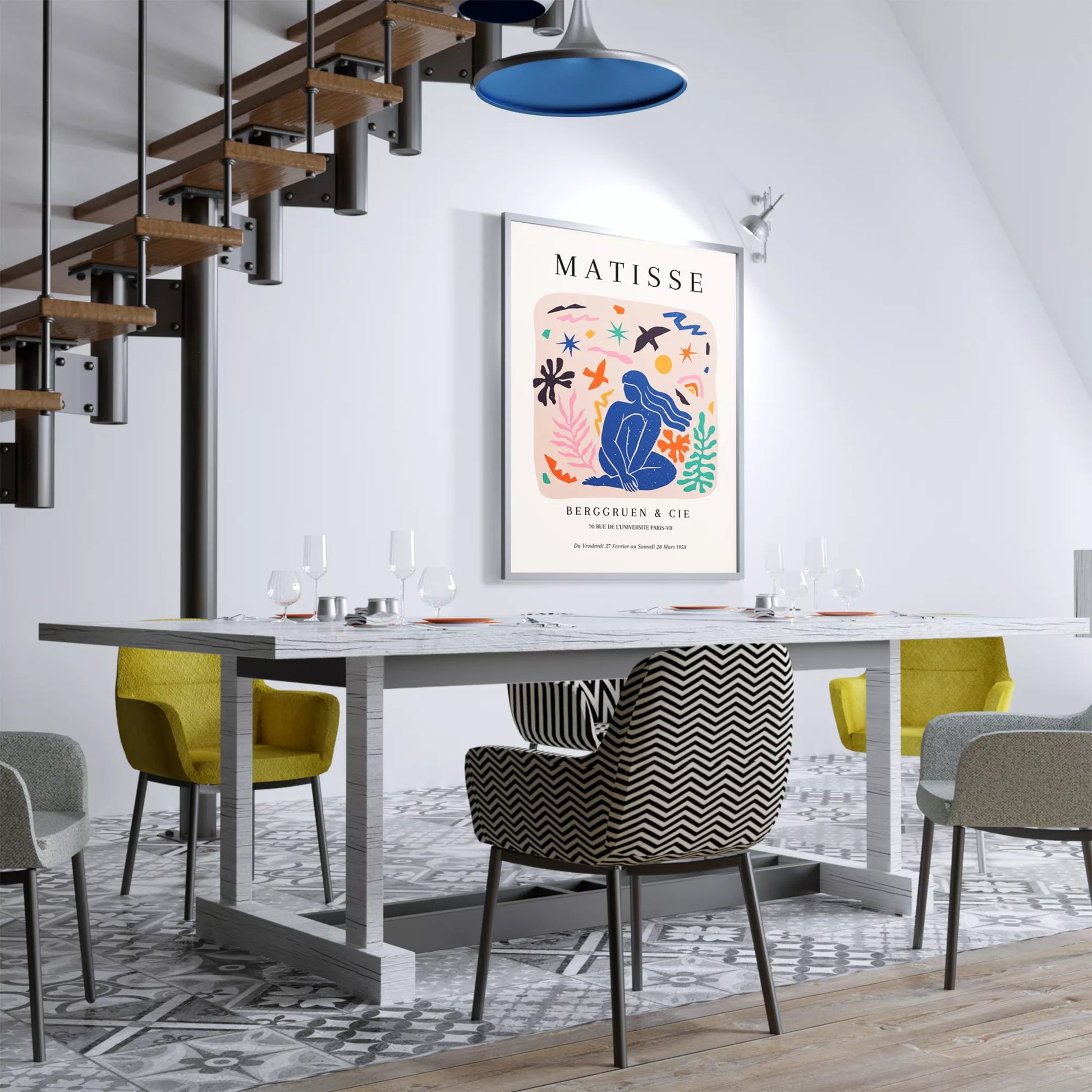 マティス展ポスター、青い人物像と抽象的なモチーフのコラージュ