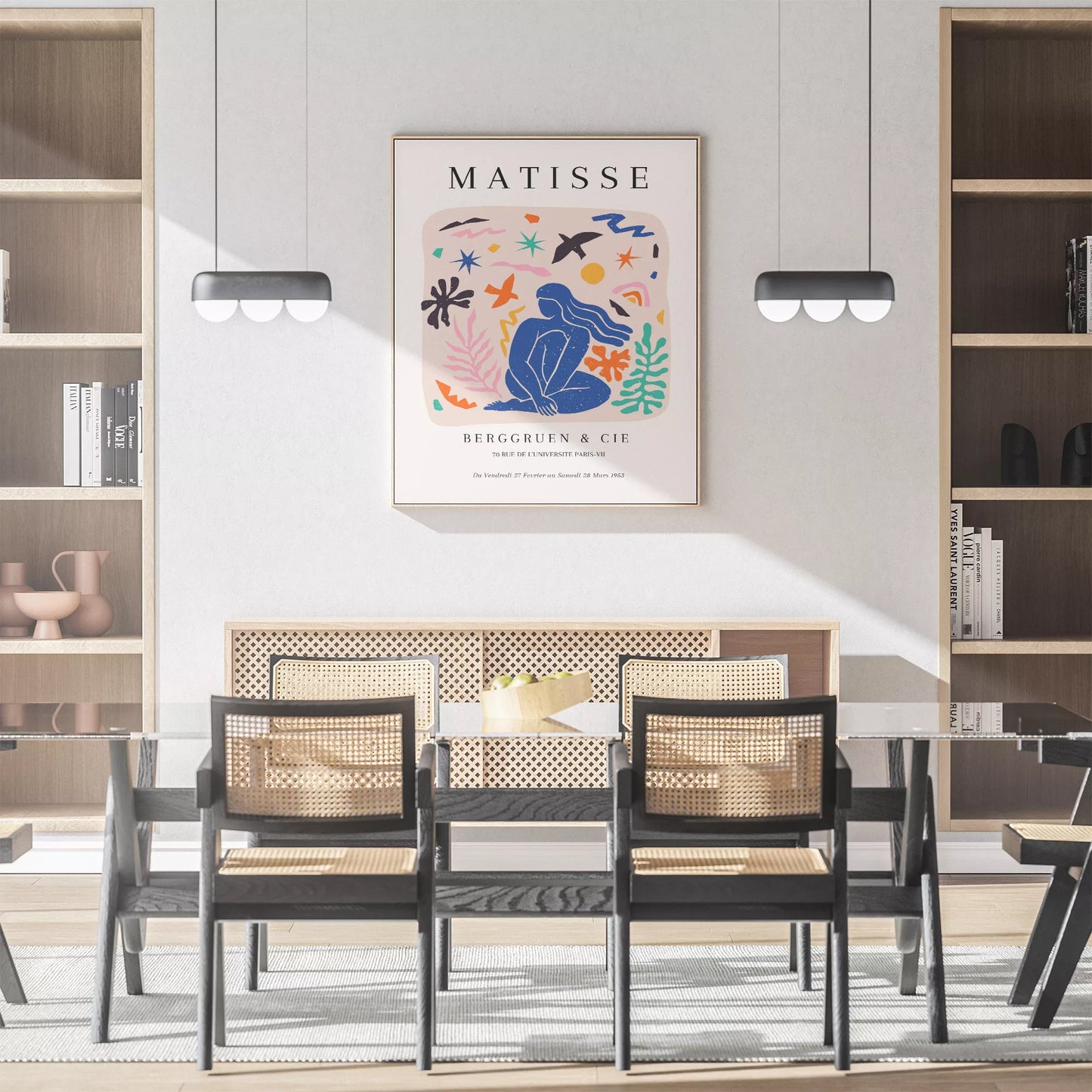 マティス展ポスター、青い人物像と抽象的なモチーフのコラージュ