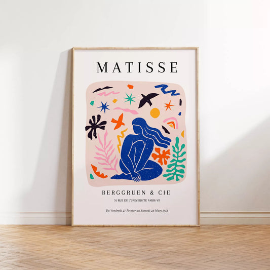 マティス展ポスター、青い人物像と抽象的なモチーフのコラージュ