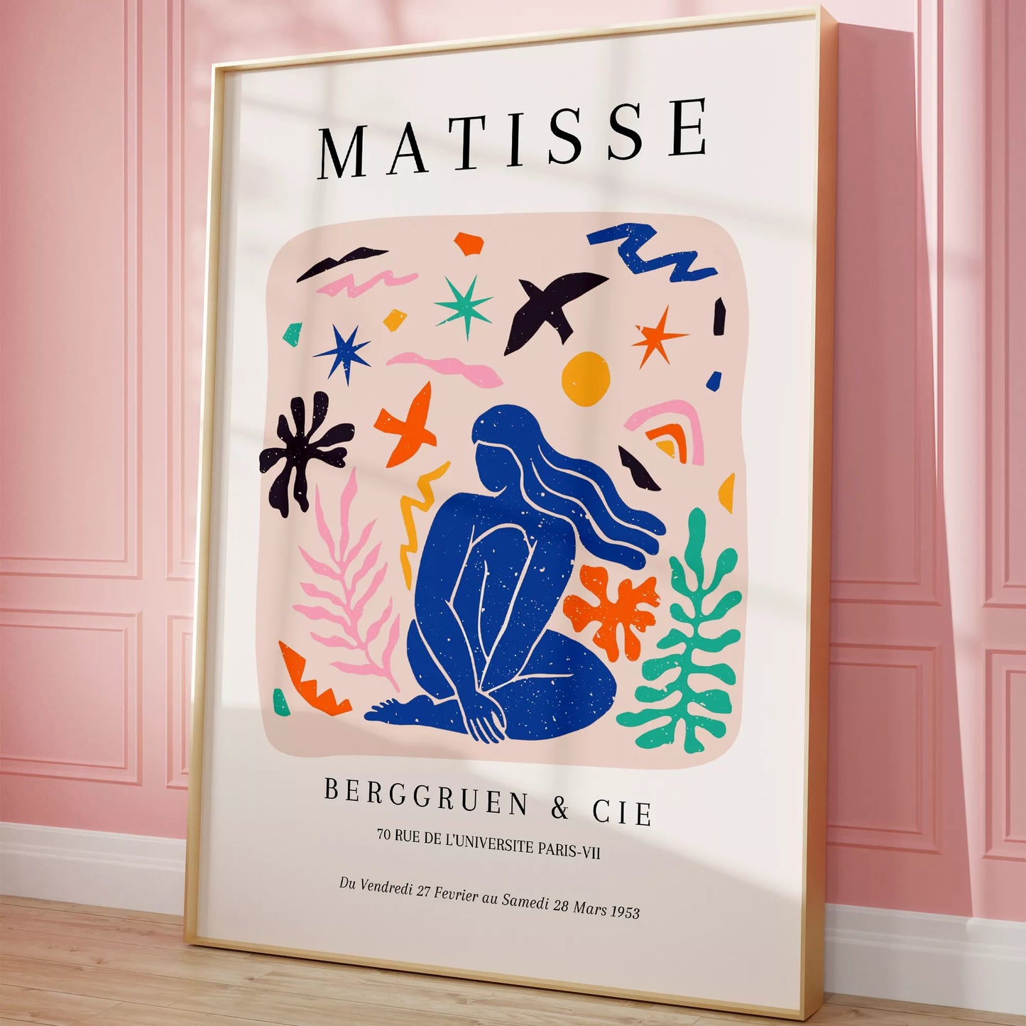 マティス展ポスター、青い人物像と抽象的なモチーフのコラージュ