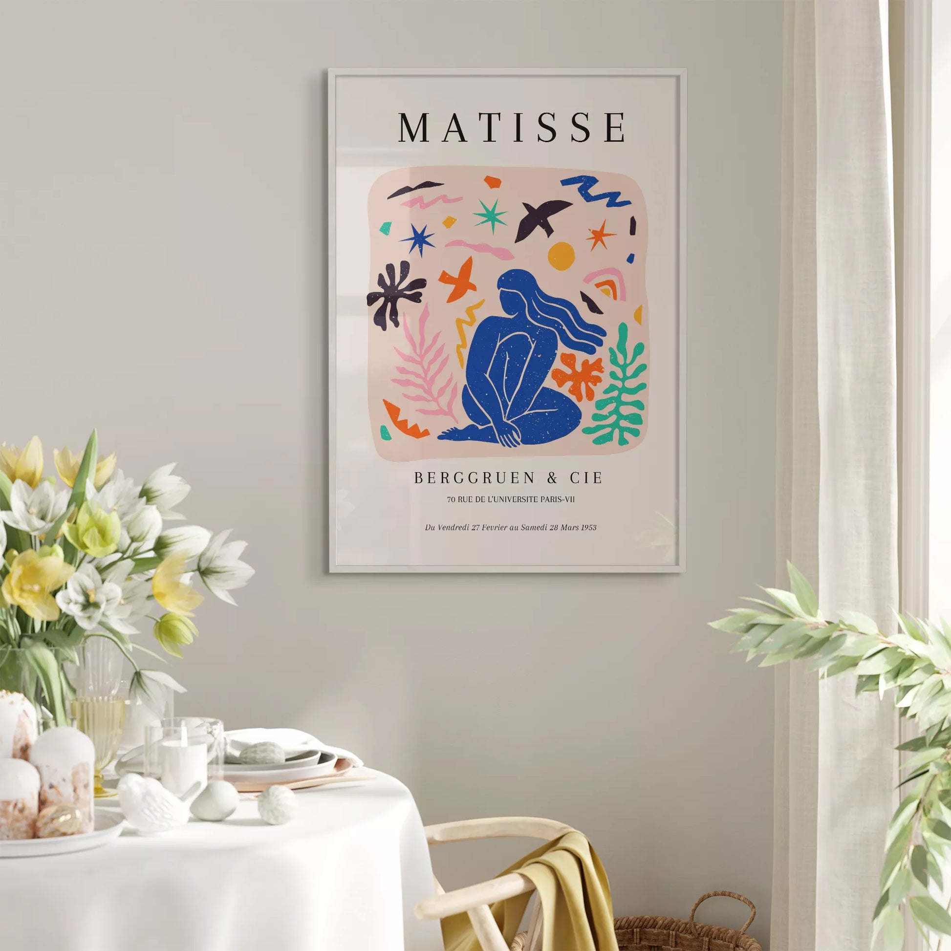 マティス展ポスター、青い人物像と抽象的なモチーフのコラージュ