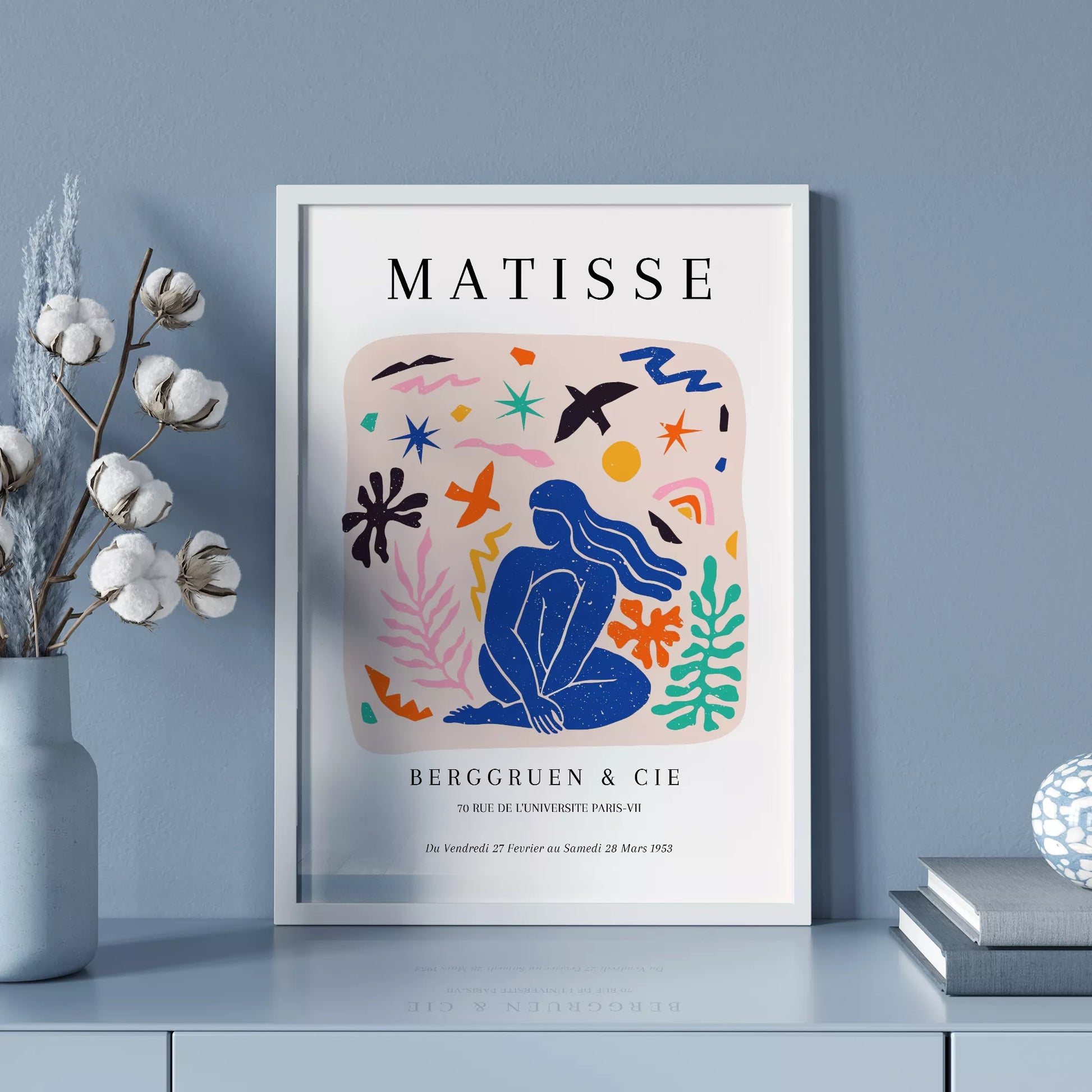 マティス展ポスター、青い人物像と抽象的なモチーフのコラージュ