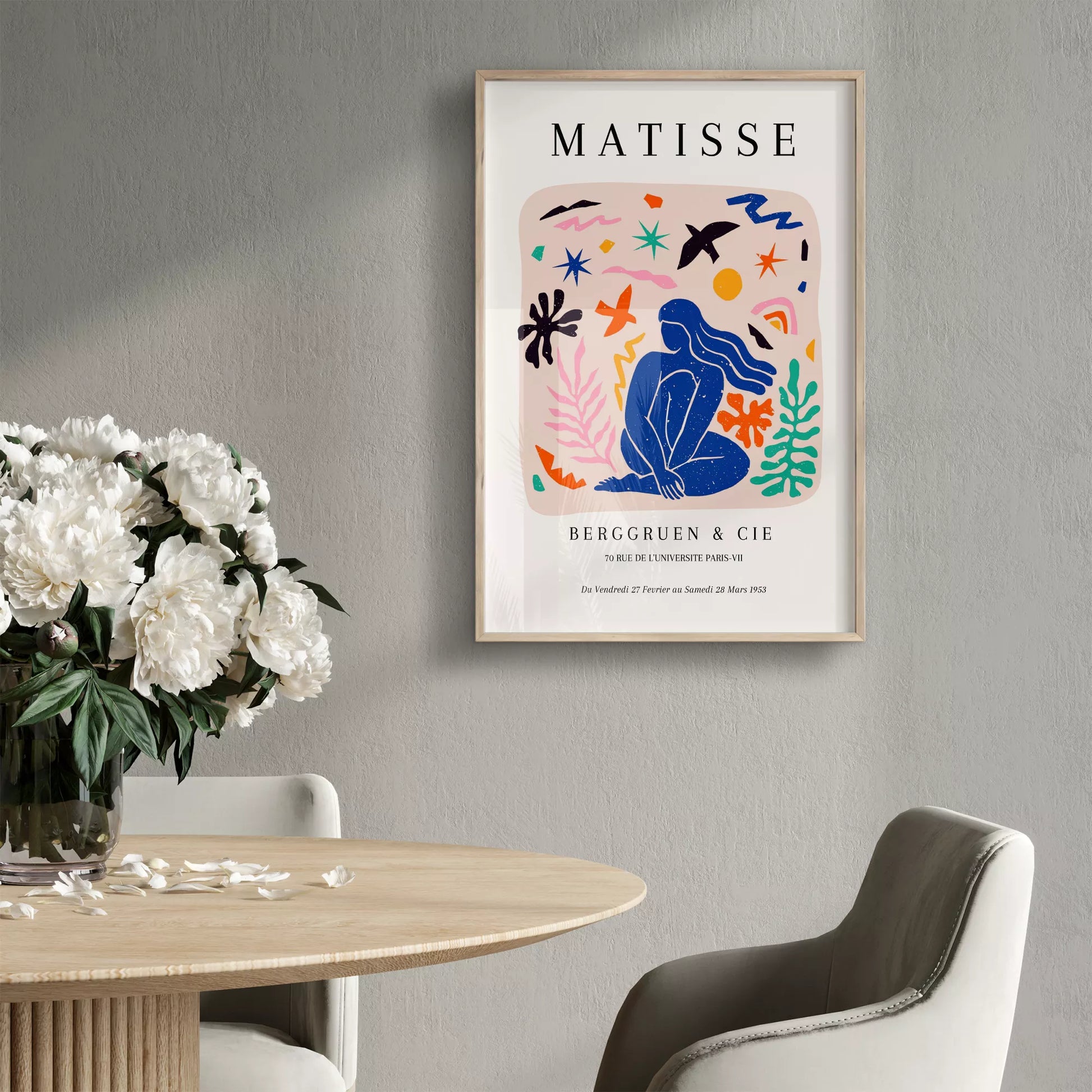 マティス展ポスター、青い人物像と抽象的なモチーフのコラージュ