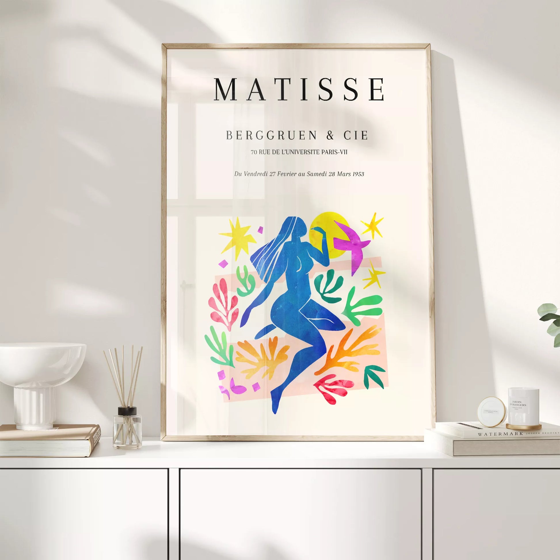 マティス展ポスター、青い人物像と色彩豊かな植物モチーフ