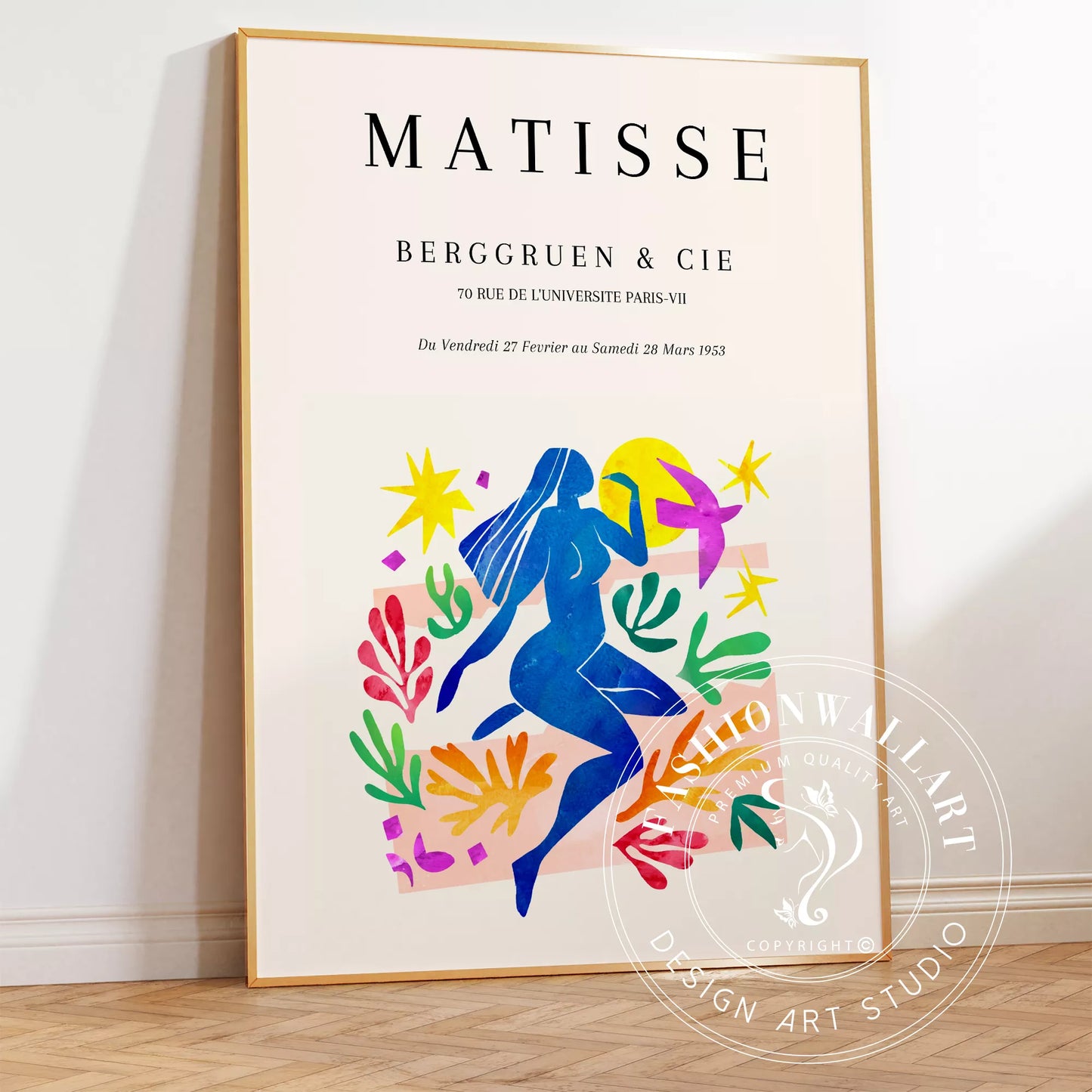 マティス展ポスター、青い人物像と色彩豊かな植物モチーフ