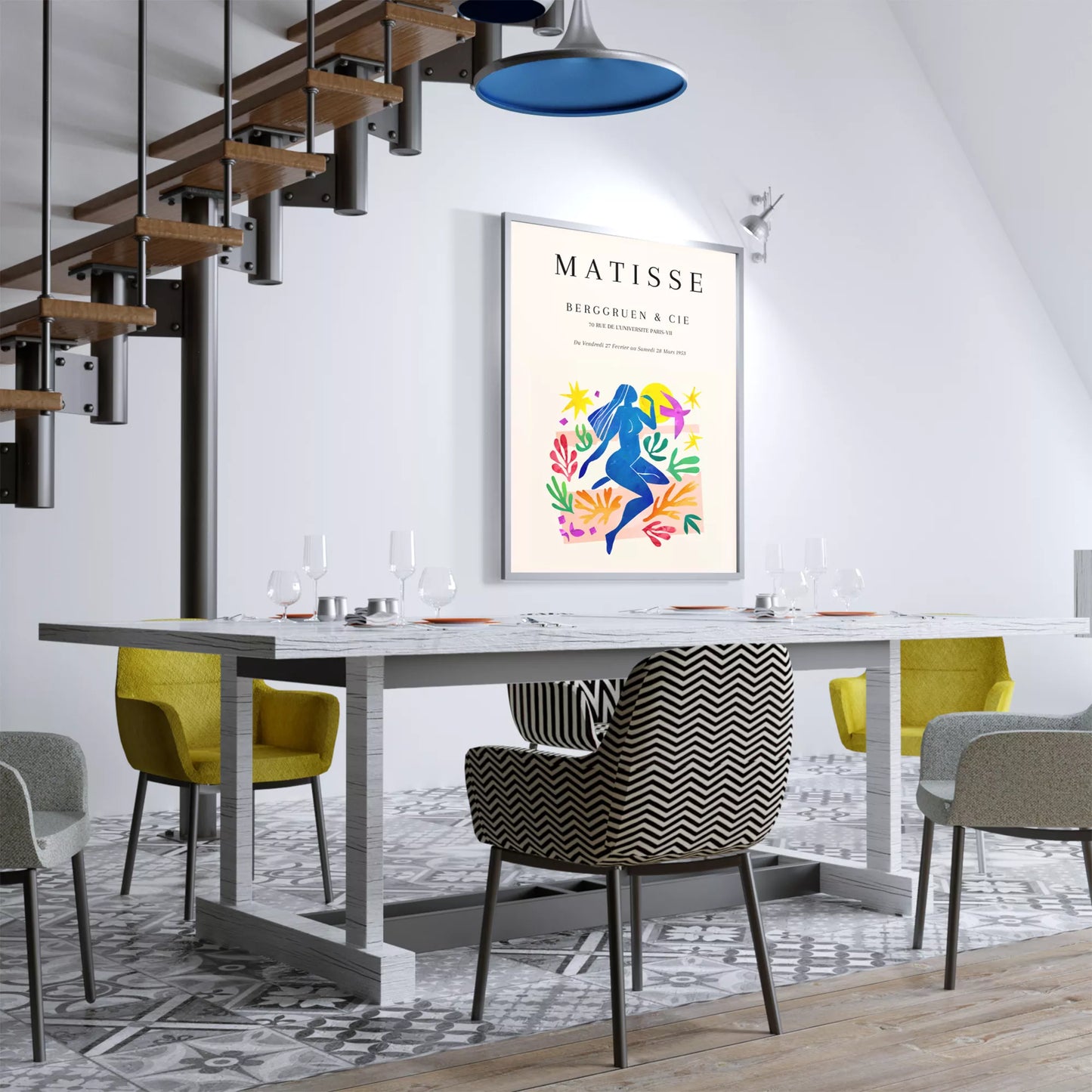 マティス展ポスター、青い人物像と色彩豊かな植物モチーフ