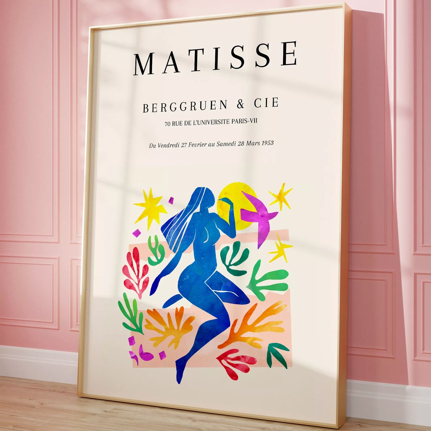 マティス展ポスター、青い人物像と色彩豊かな植物モチーフ