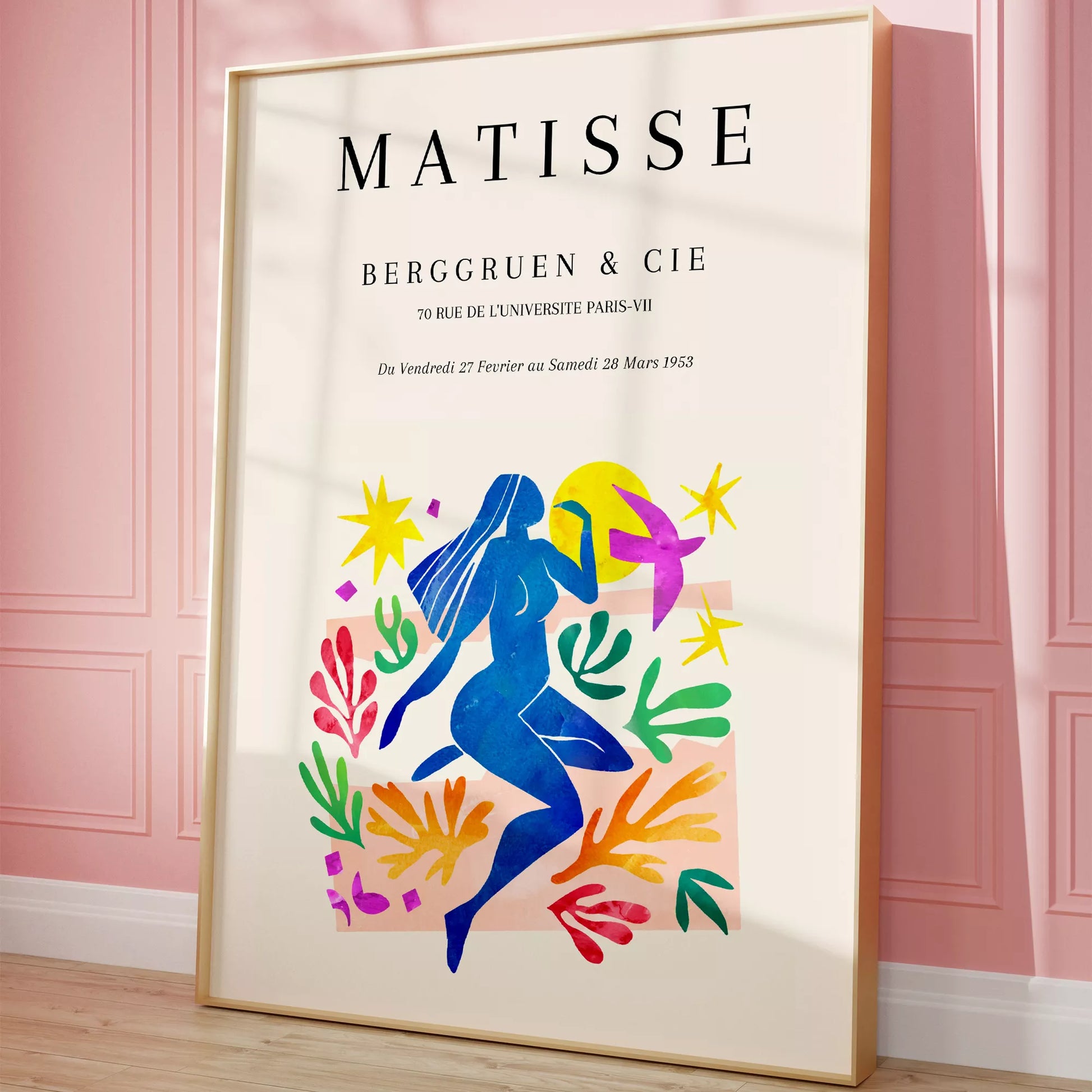 マティス展ポスター、青い人物像と色彩豊かな植物モチーフ