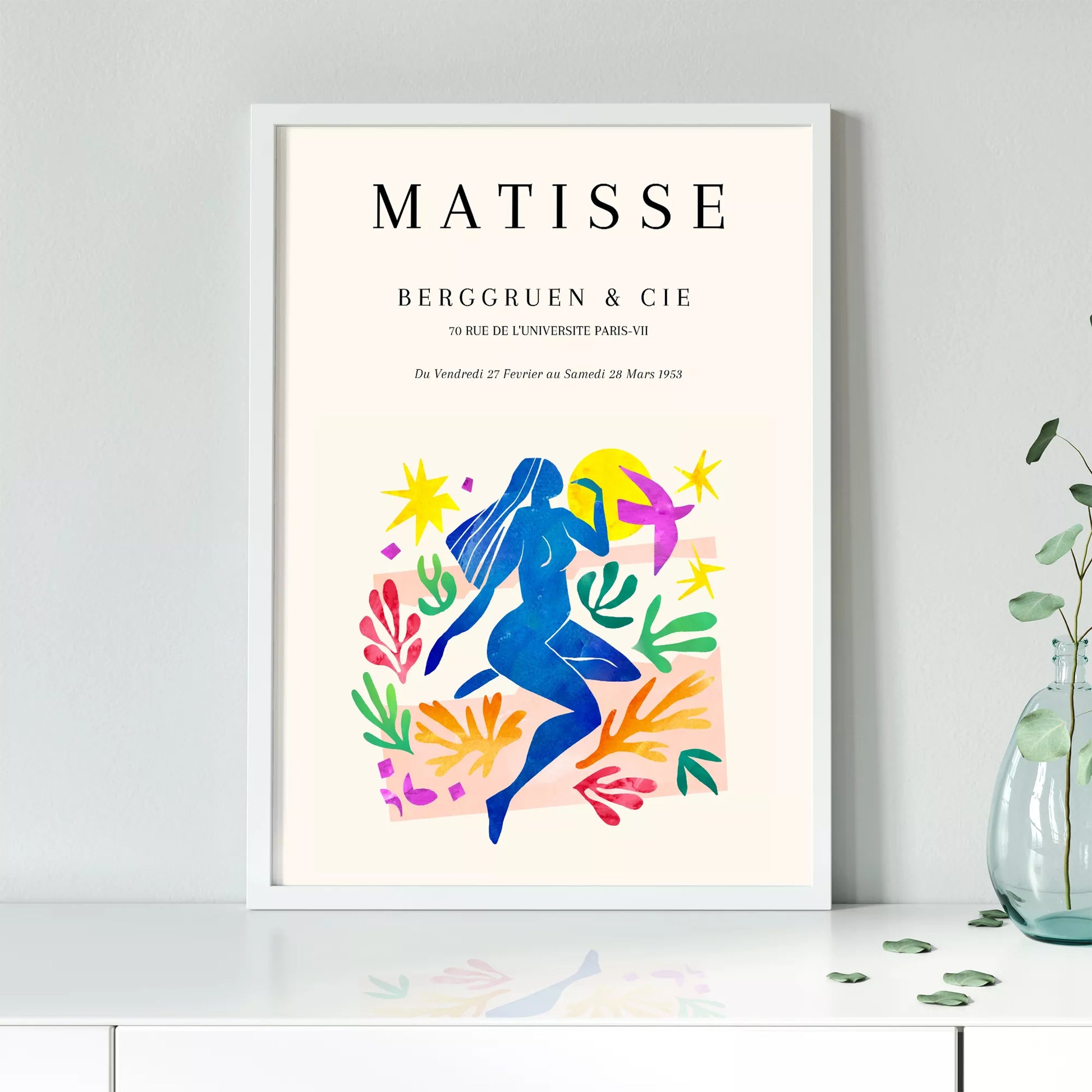 マティス展ポスター、青い人物像と色彩豊かな植物モチーフ