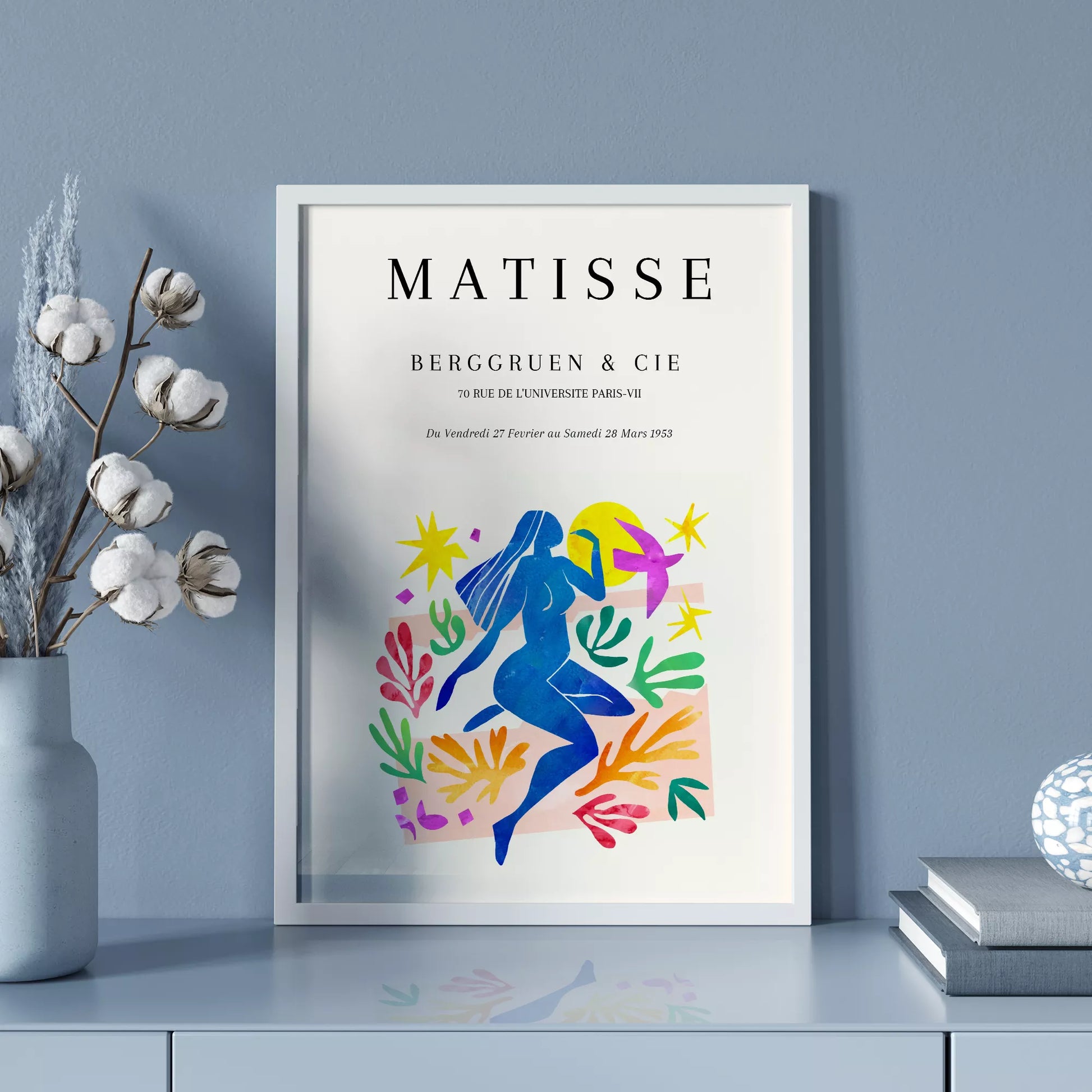 マティス展ポスター、青い人物像と色彩豊かな植物モチーフ