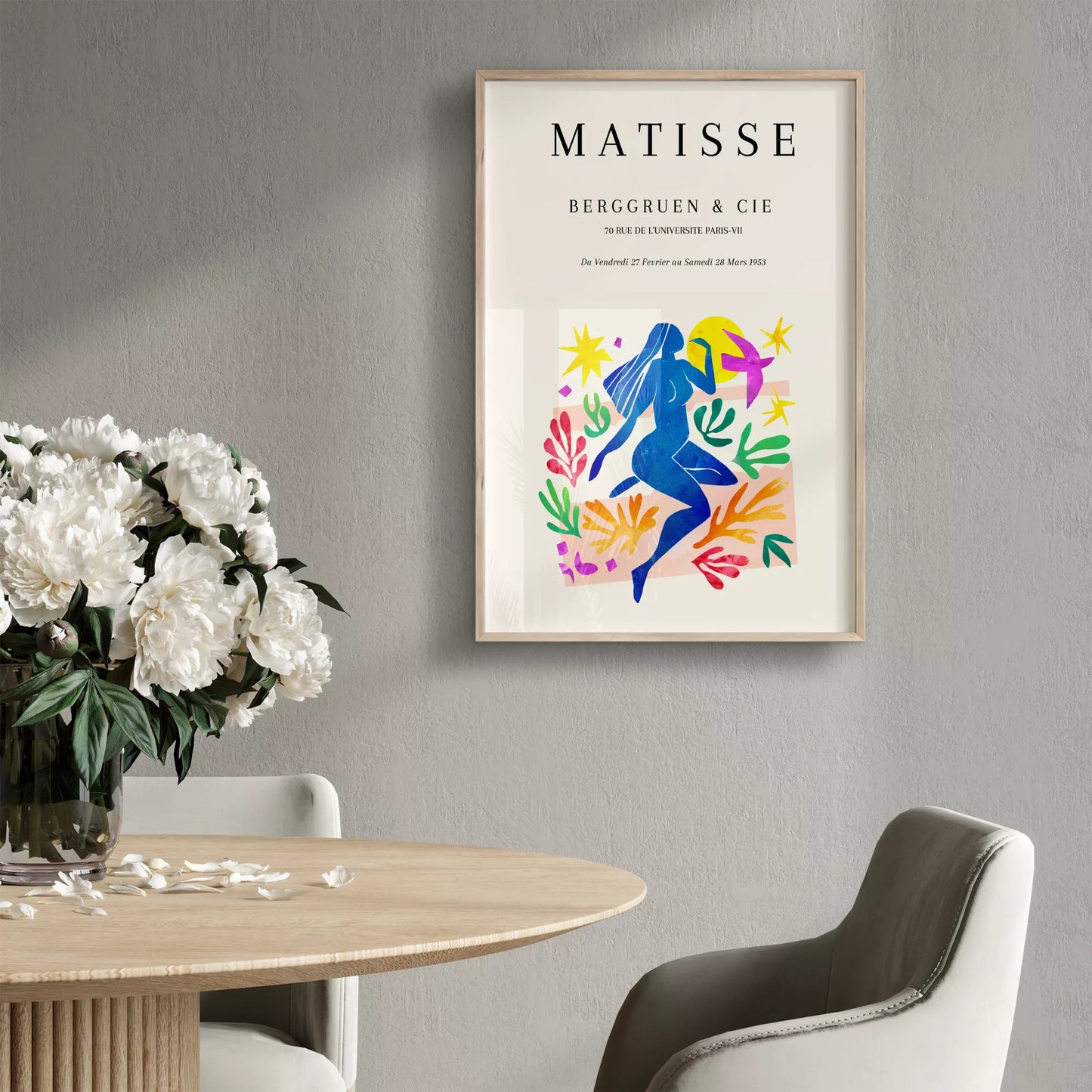 マティス展ポスター、青い人物像と色彩豊かな植物モチーフ