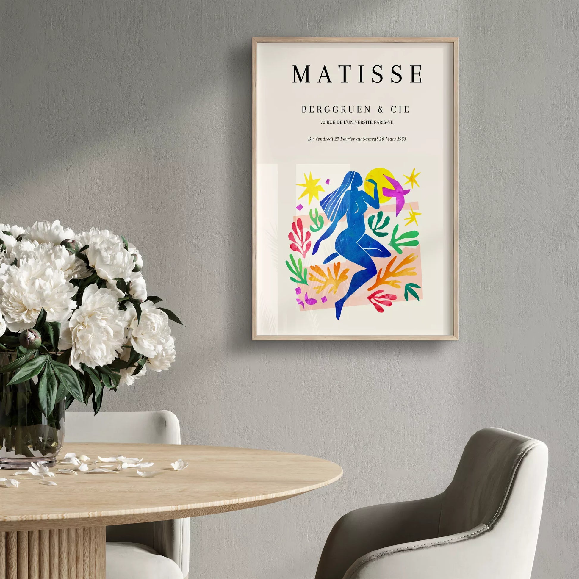 マティス展ポスター、青い人物像と色彩豊かな植物モチーフ