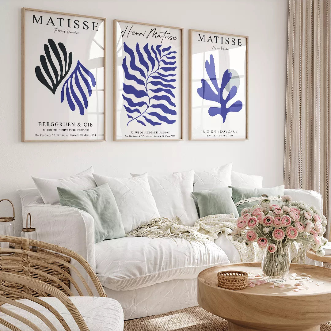 マティス展のモダンな青い葉のアートポスター3点セット