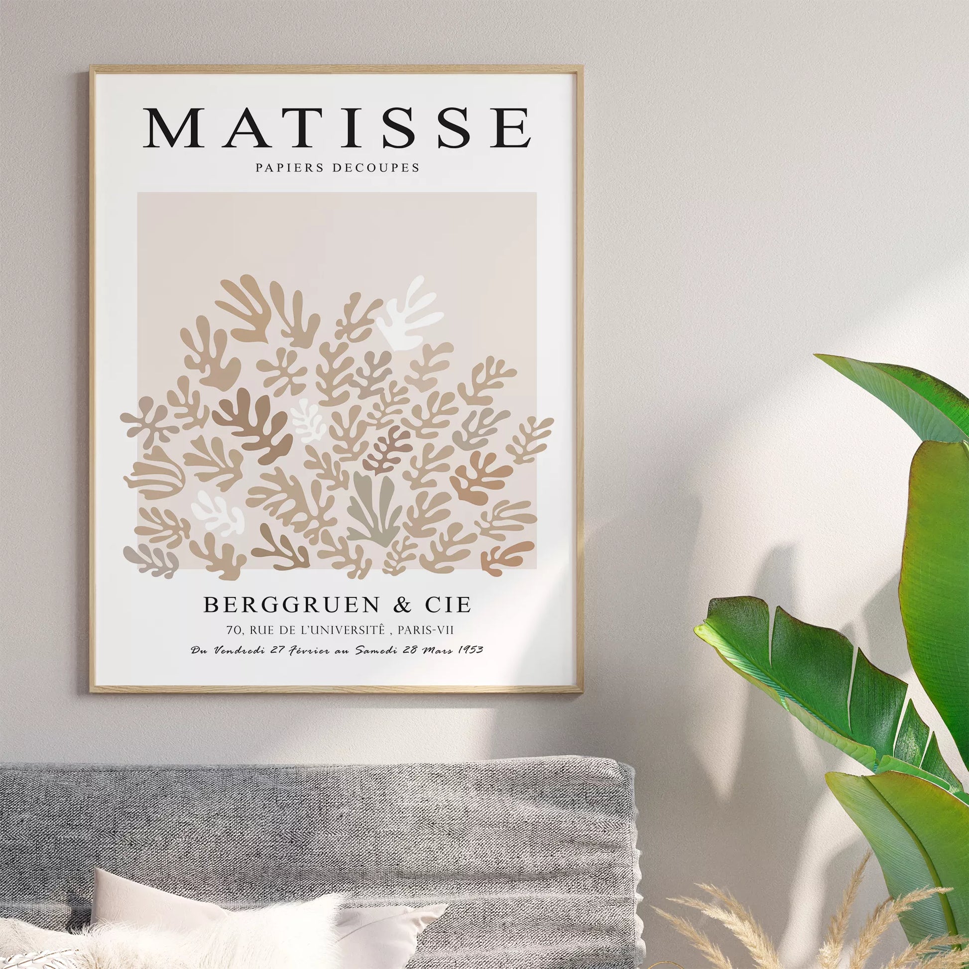 マティス風抽象的な植物モチーフポスター、ベージュトーンのモダンなデザイン