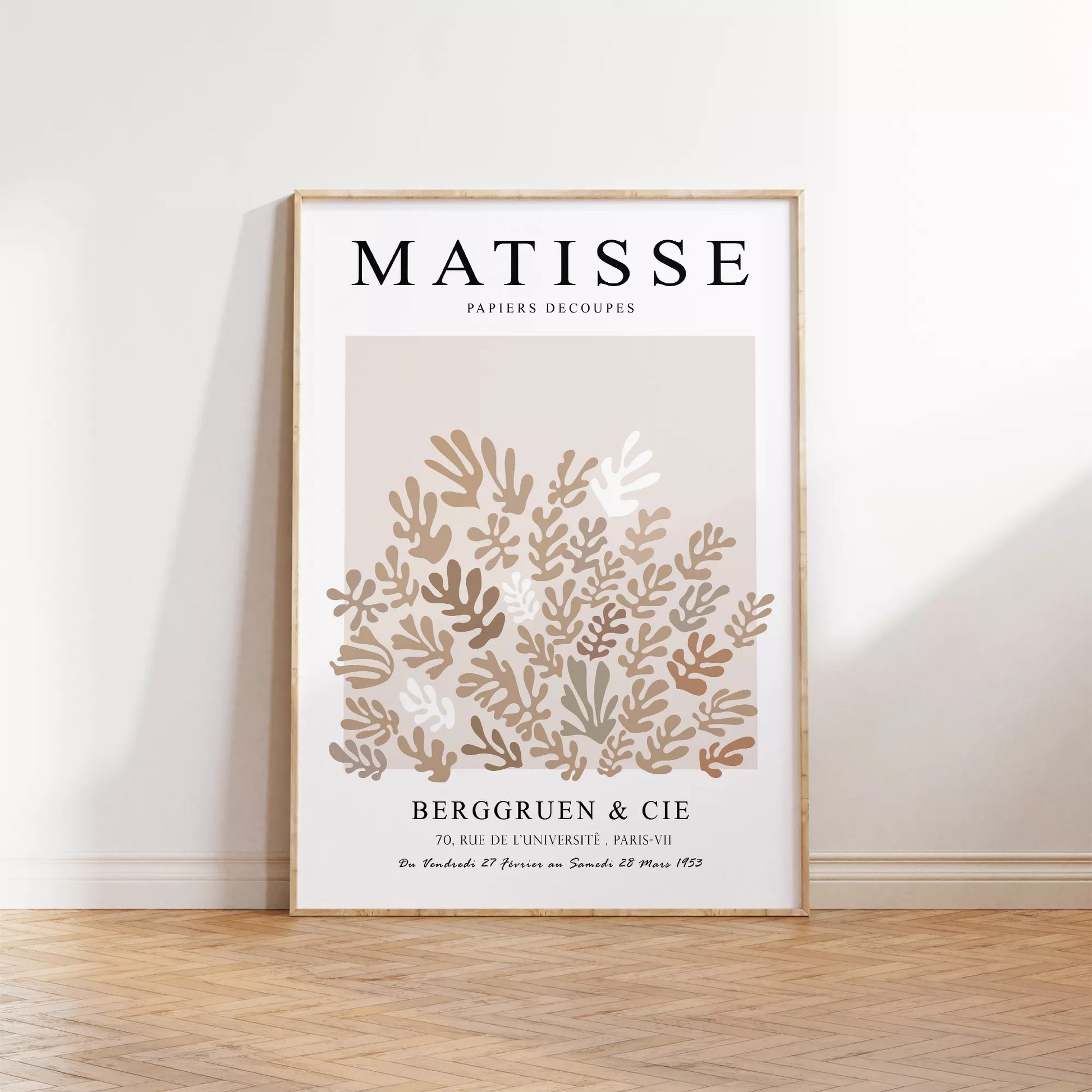 マティス風抽象的な植物モチーフポスター、ベージュトーンのモダンなデザイン