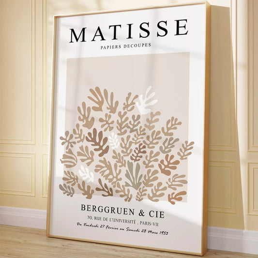マティス風抽象的な植物モチーフポスター、ベージュトーンのモダンなデザイン