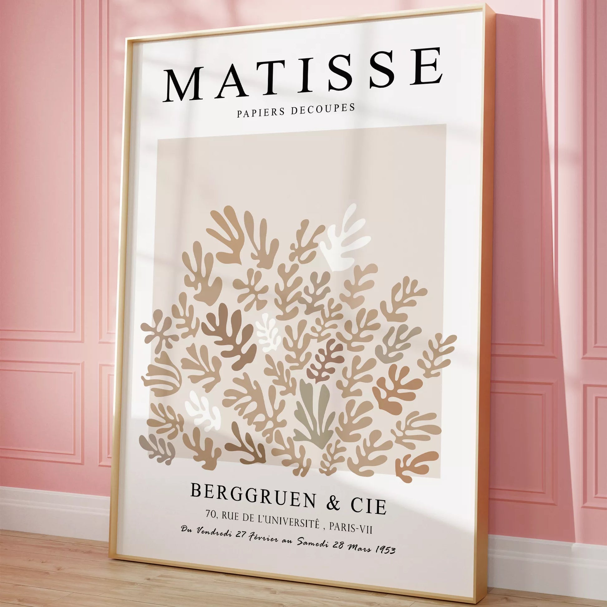 マティス風抽象的な植物モチーフポスター、ベージュトーンのモダンなデザイン