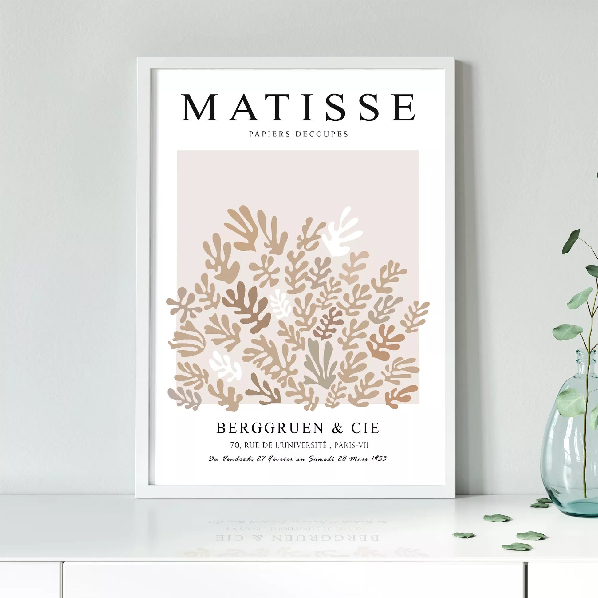 マティス風抽象的な植物モチーフポスター、ベージュトーンのモダンなデザイン